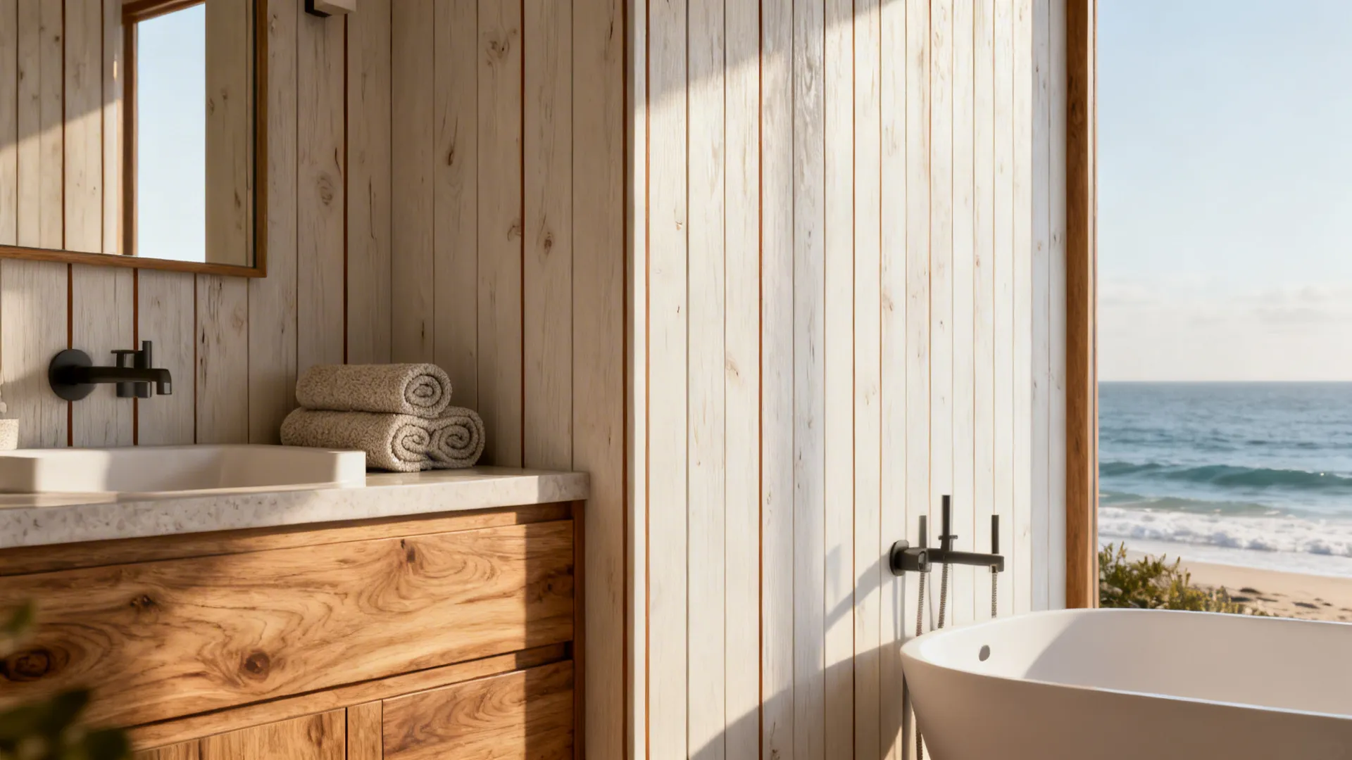Bathroom with sealed engineered wood panels and warm spa-like details