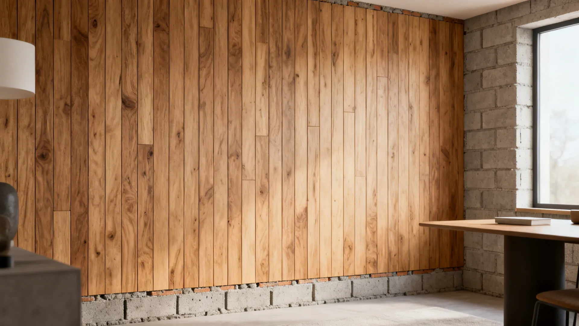 Studio wall covered with thin interlocking wood-look panels creating warmth over cinder block.