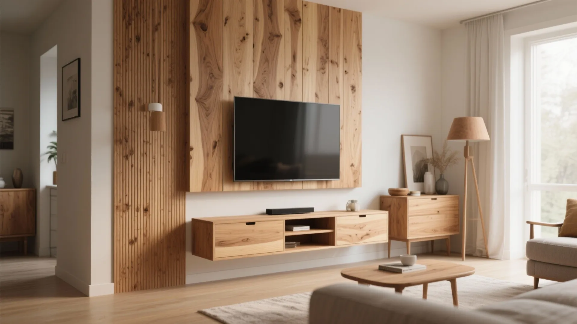 Modern living room with wood wall panel behind a television and light wood floating cabinet