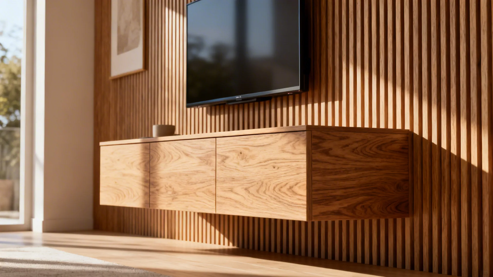 Wooden wall panel behind a floating television cabinet with a wall mounted screen in sunlight