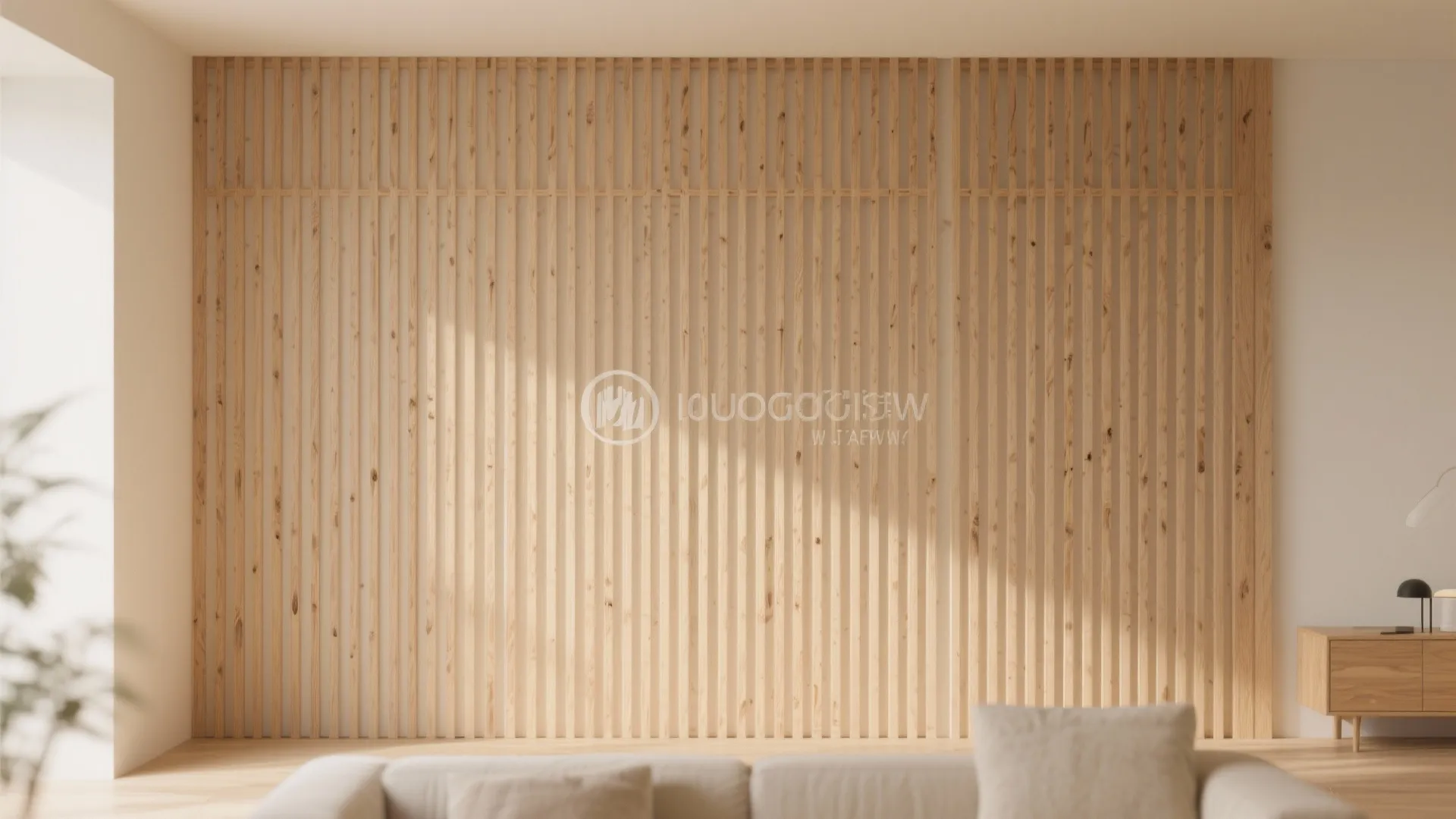 Bright room featuring a light wood panel wall behind a sofa and small wooden cabinet
