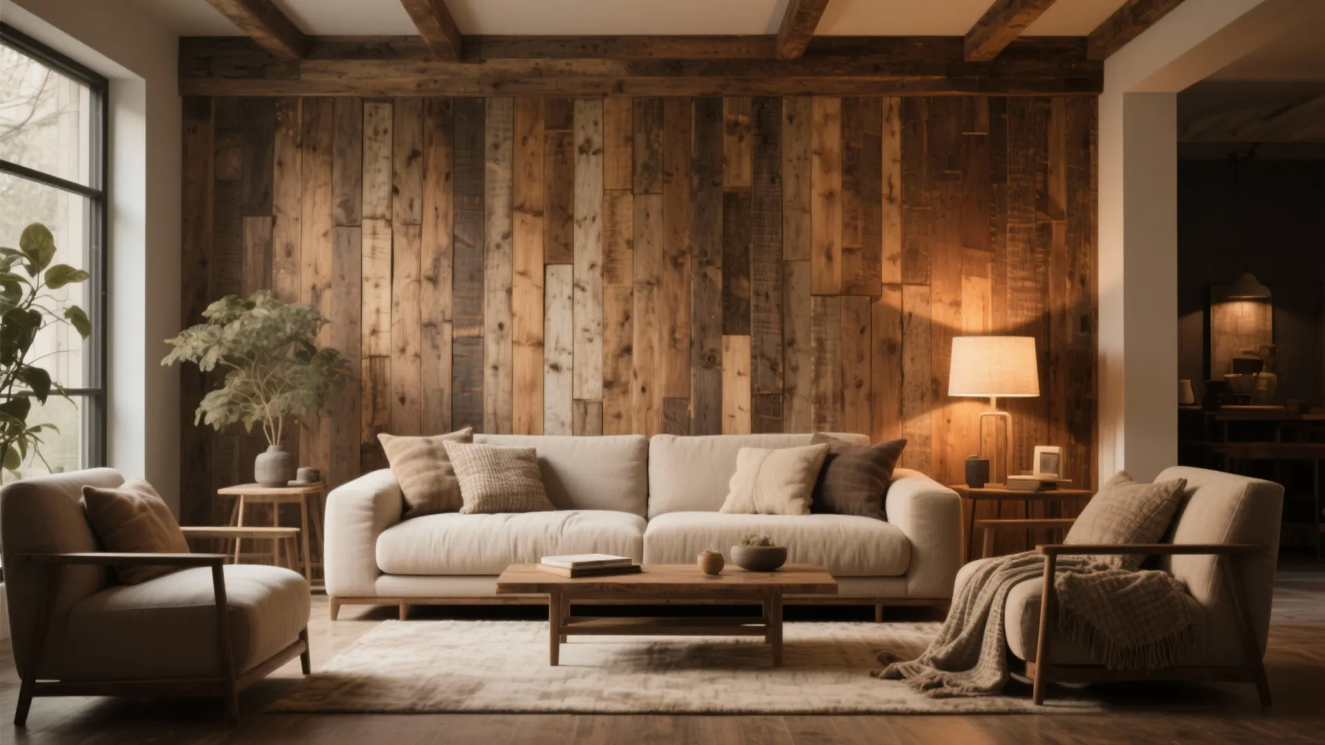 Rustic living room featuring a textured wood wall panel with cream sofa and wooden coffee table