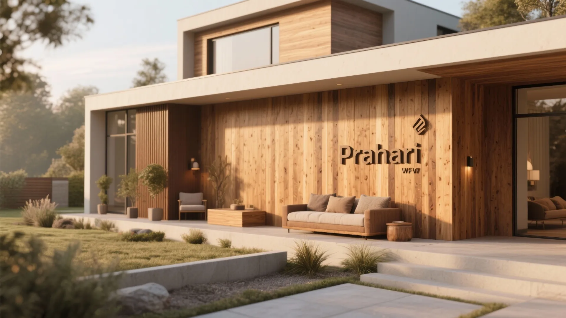 Modern backyard patio with vertical wood wall panels brown sofa outdoor furniture and a green lawn
