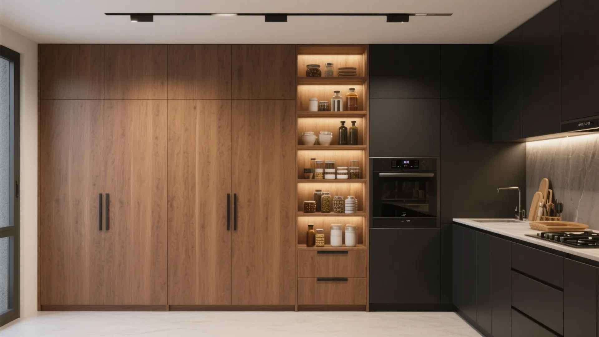 Modern kitchen with wood pantry cabinets black oven built in shelving and marble wall tile