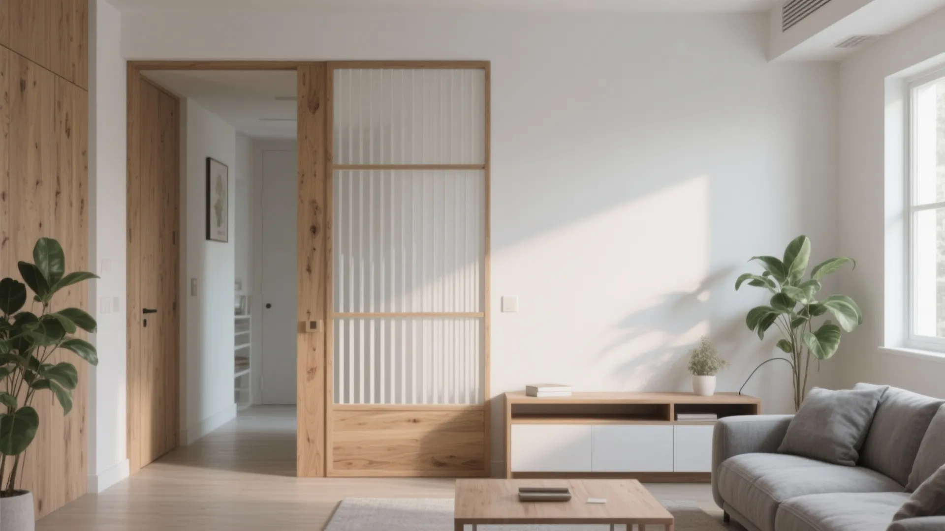 Modern living room with wooden sliding door and white wall cabinet plus grey sofa and plants