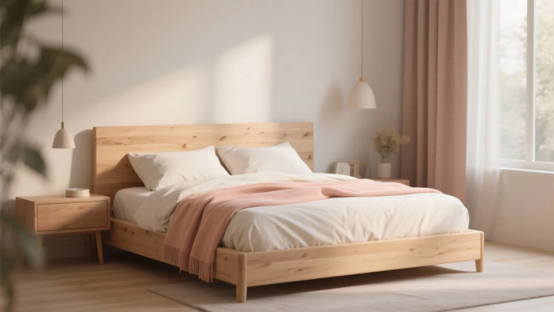 Minimalist wooden bed with white bedding, pink blanket, side table, hanging lights, and neutral walls