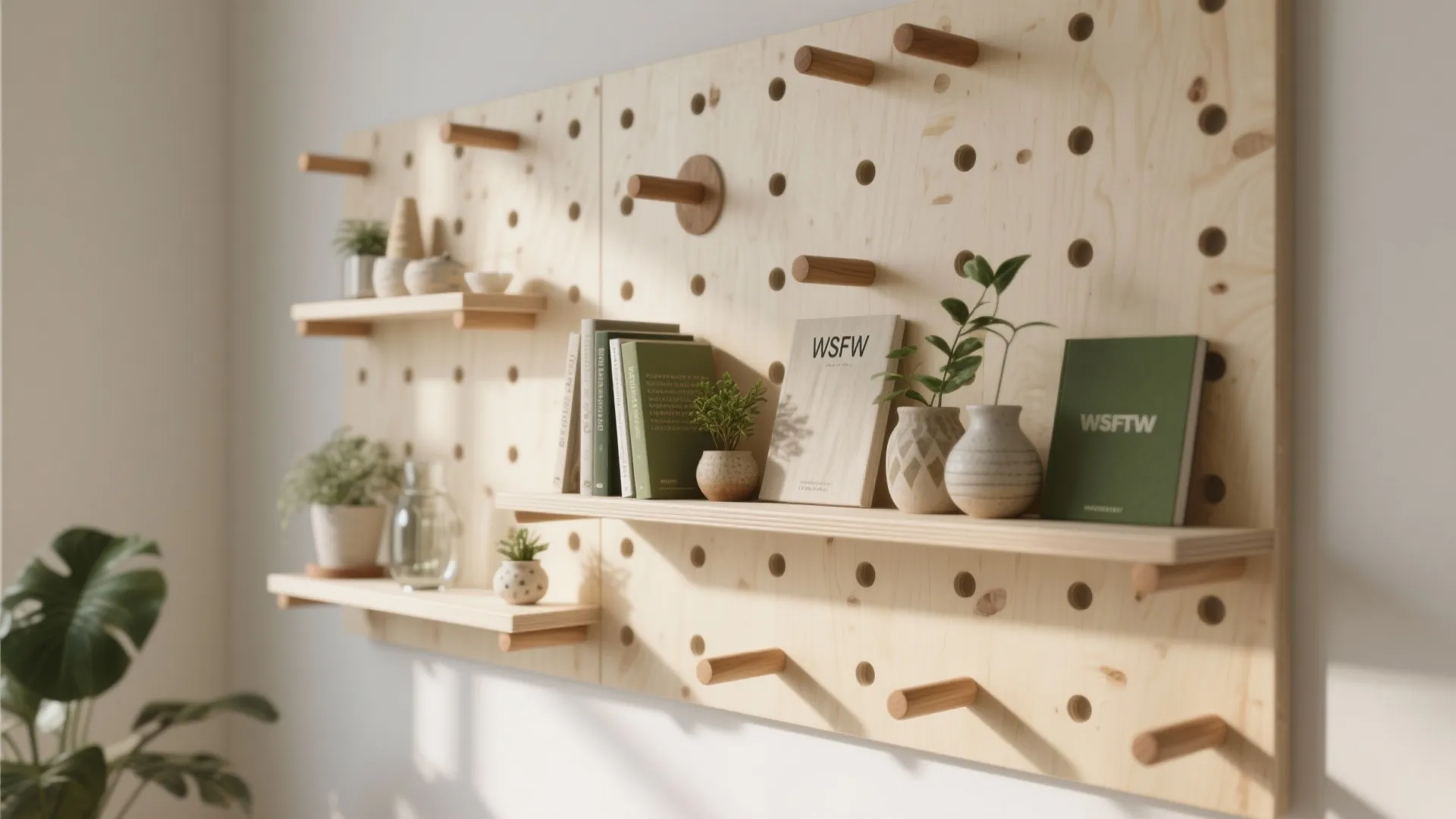 Upcycled Wood Pegboard Shelving and Slim Ledges