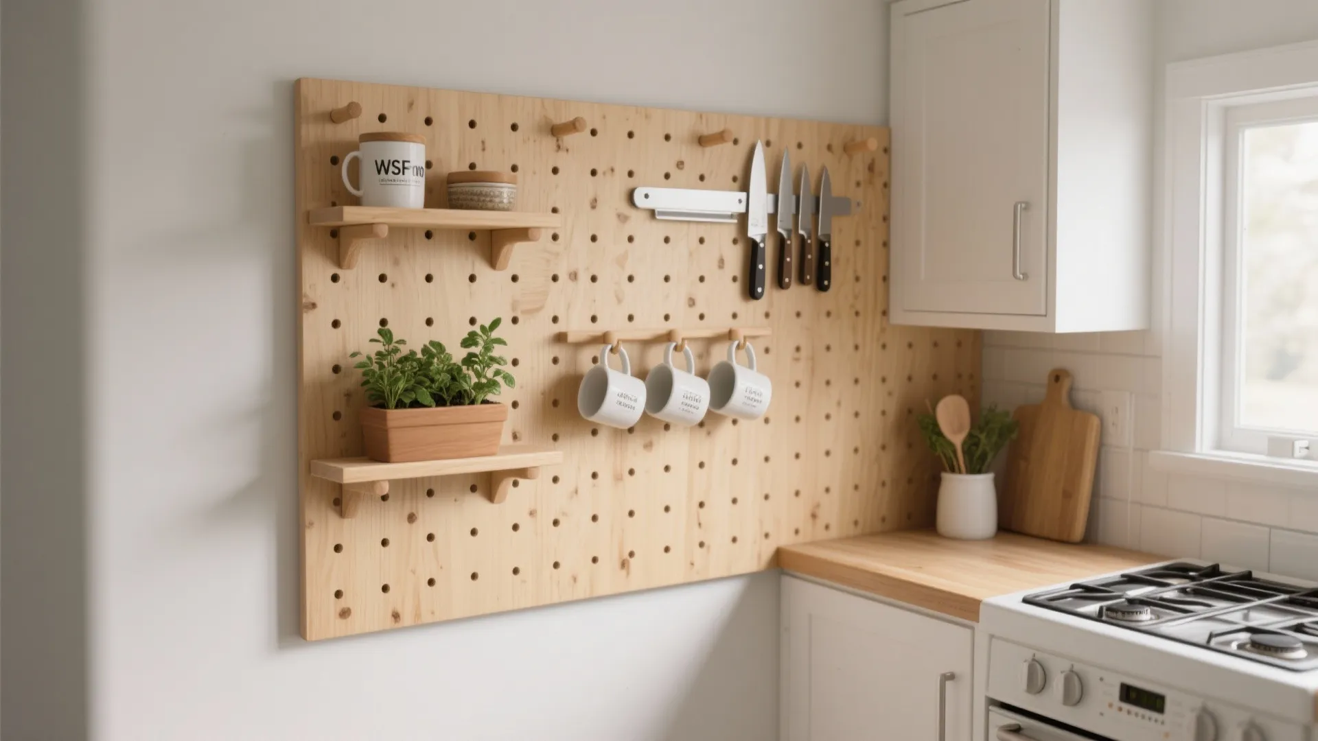 5) Pegboard-Style Solid Wood Organizer Wall