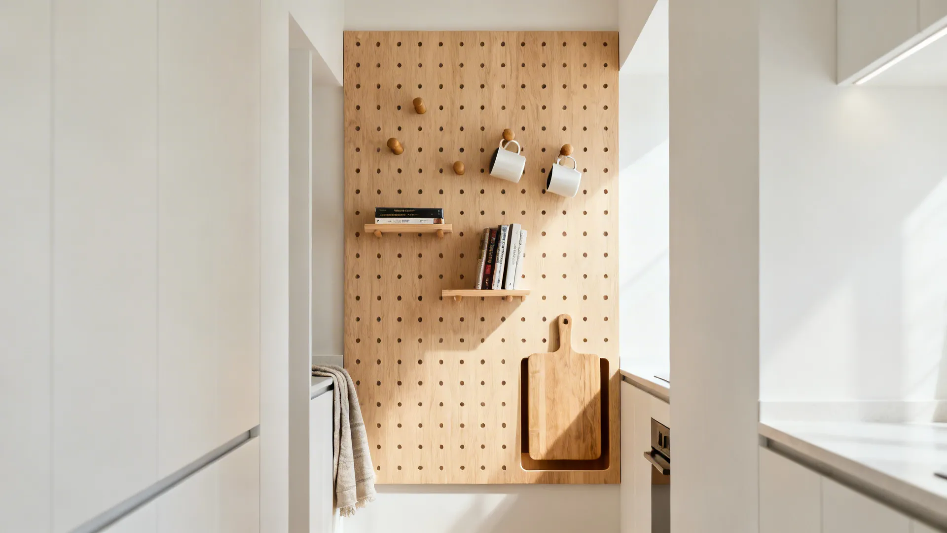 Light oak pegboard wall with pegs for mugs, a small shelf for books, and a slot for a cutting board in a compact kitchen.