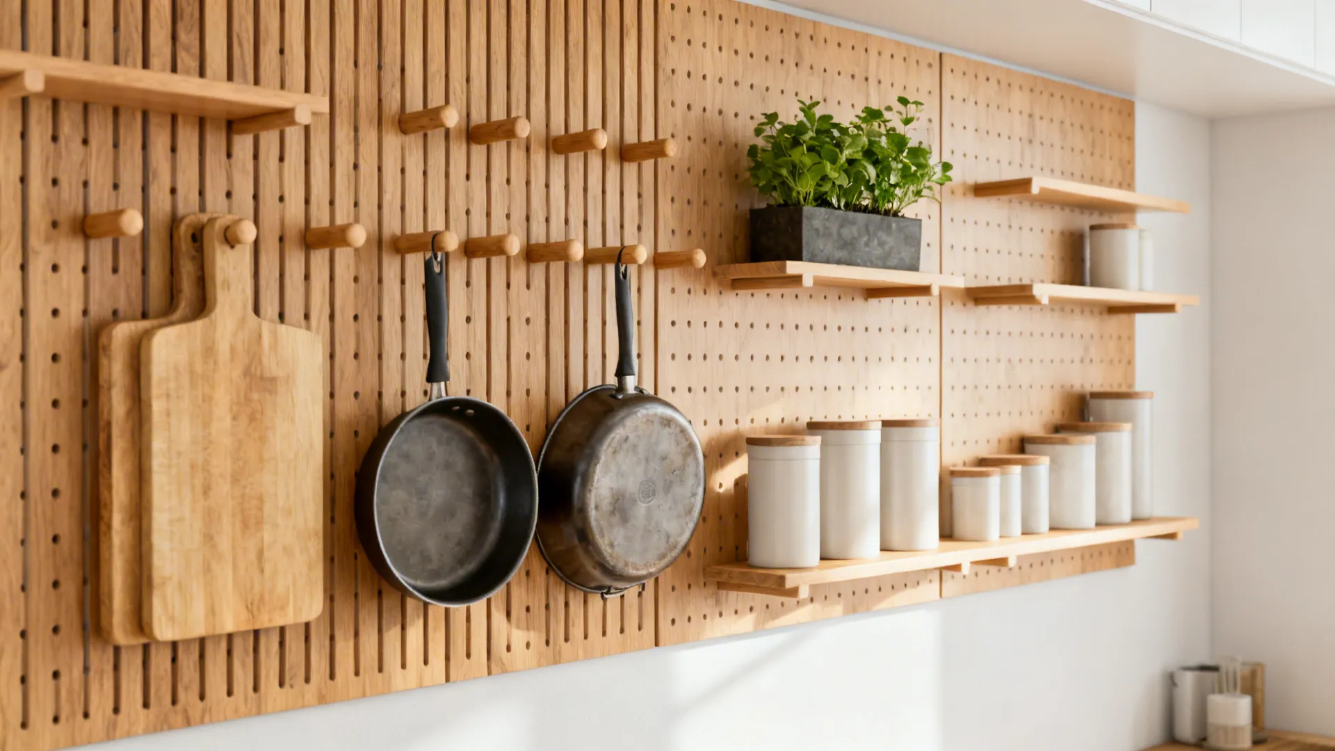 Beech pegboard wall with movable dowels holding boards, lids, and a herb planter.