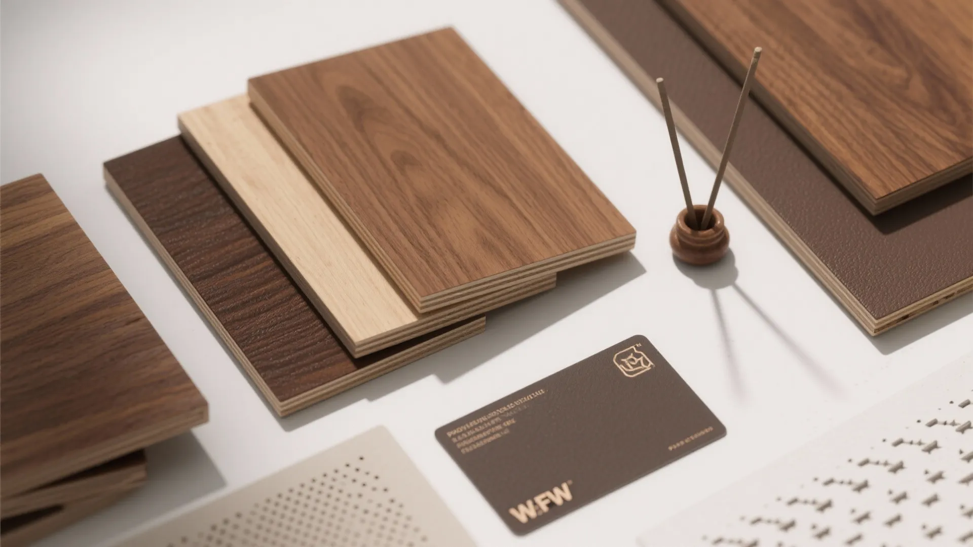 Flatlay of veneered plywood samples, edge banding, matte PU, and micro-perf pattern sheet.