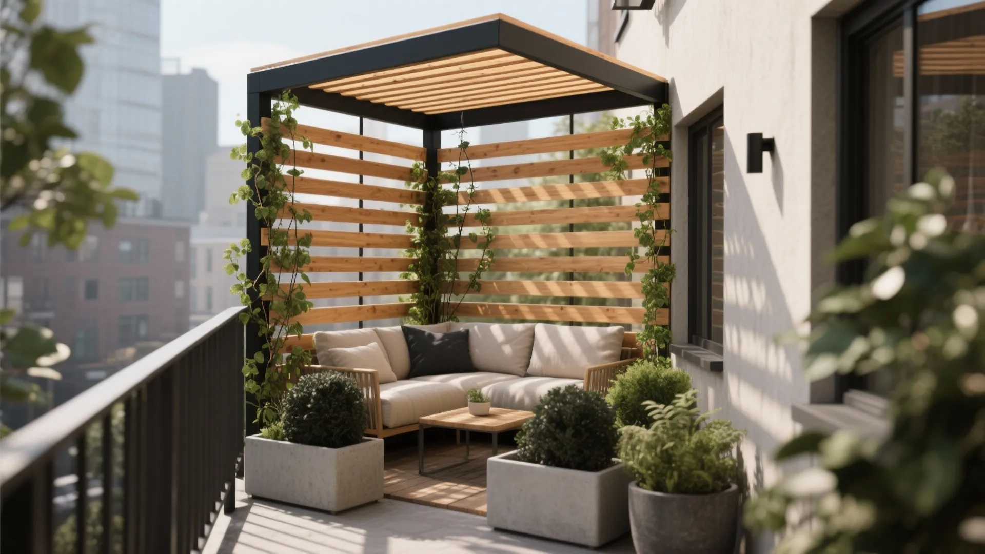 Slatted Wood Pergola With Climbing Greenery