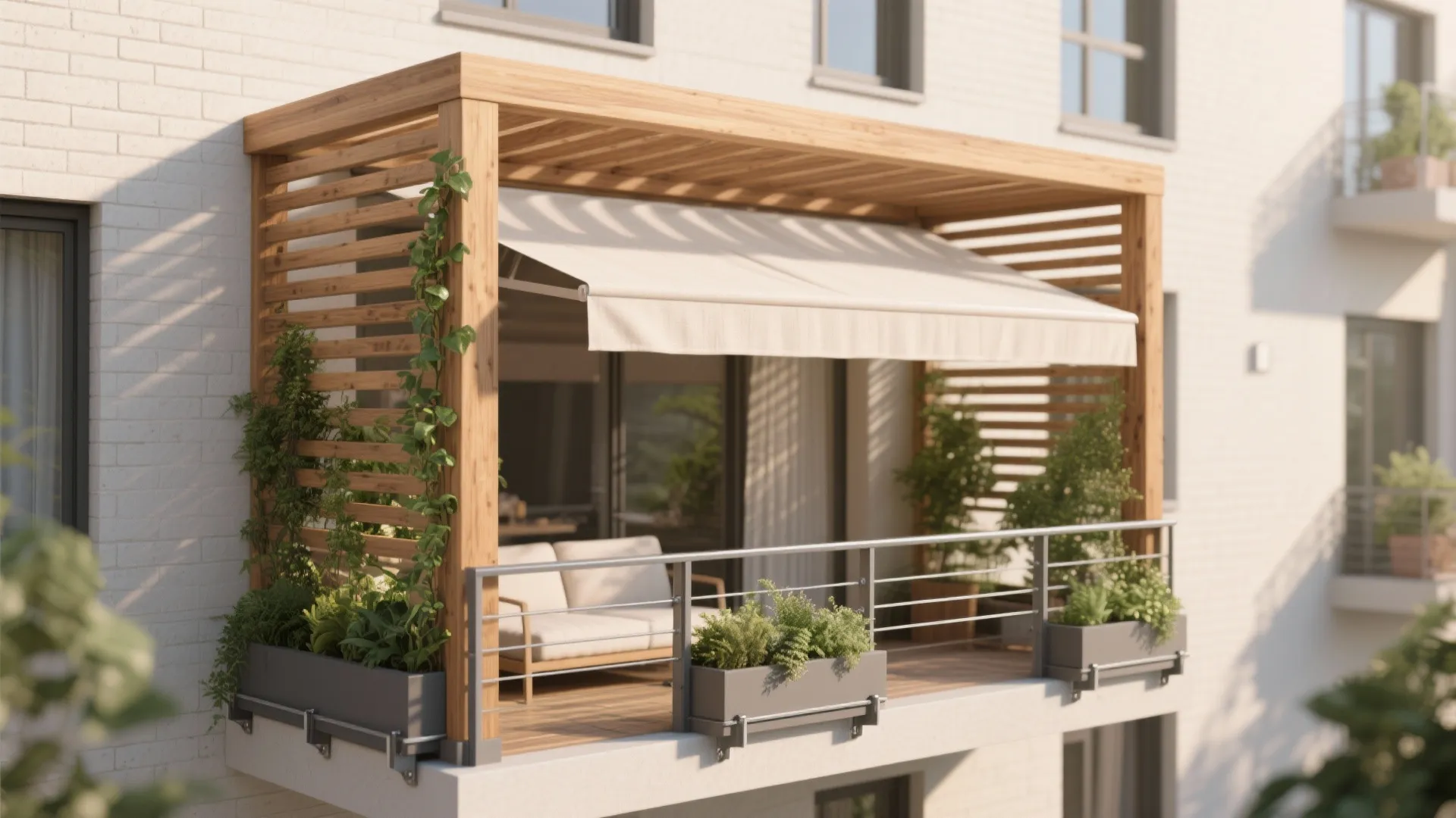 Warm wood pergola with roll-out fabric shade on a compact balcony, with planters and soft light.