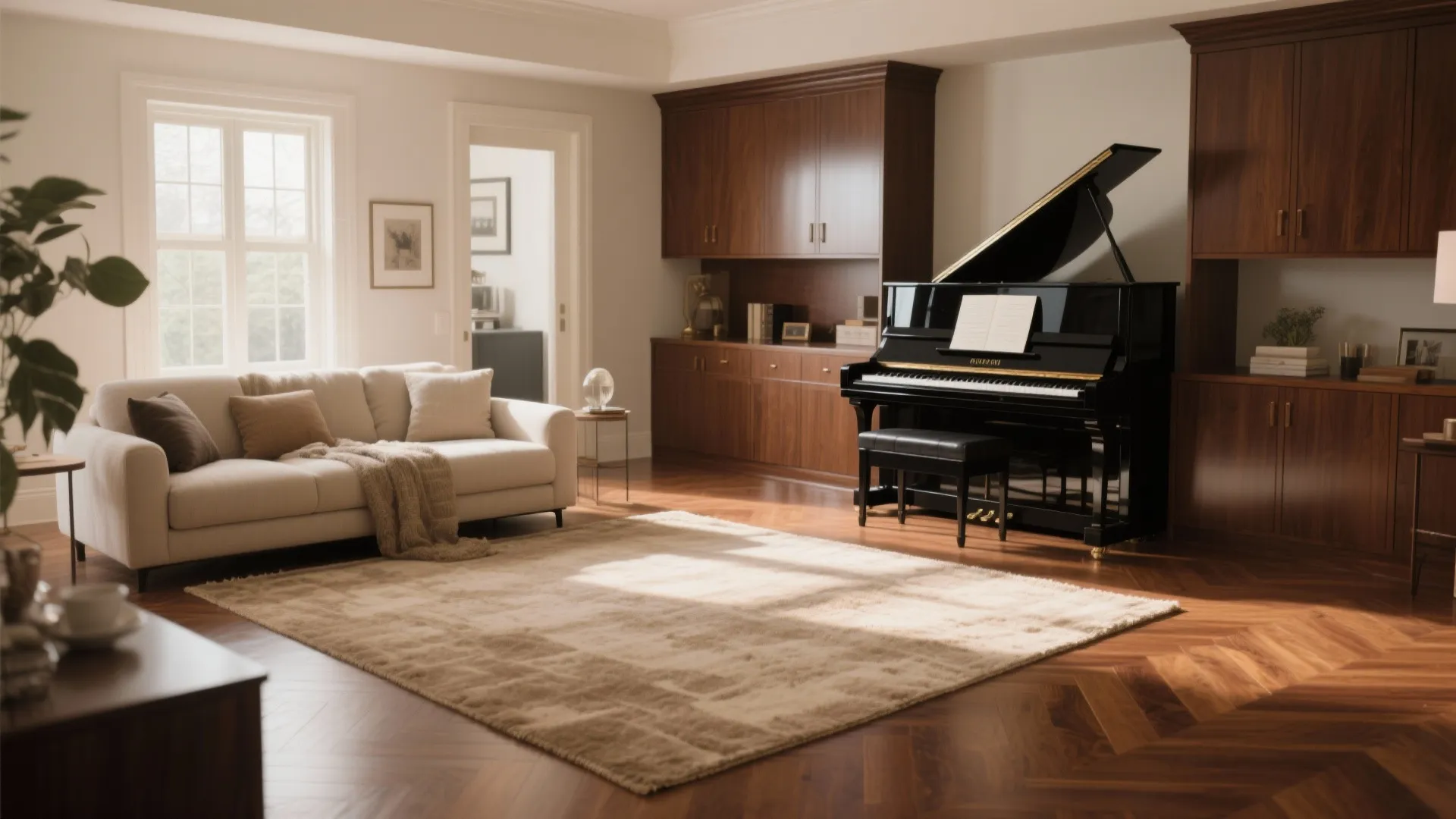 Modern living room with dark wood cabinets black upright piano beige sofa and rug flooring