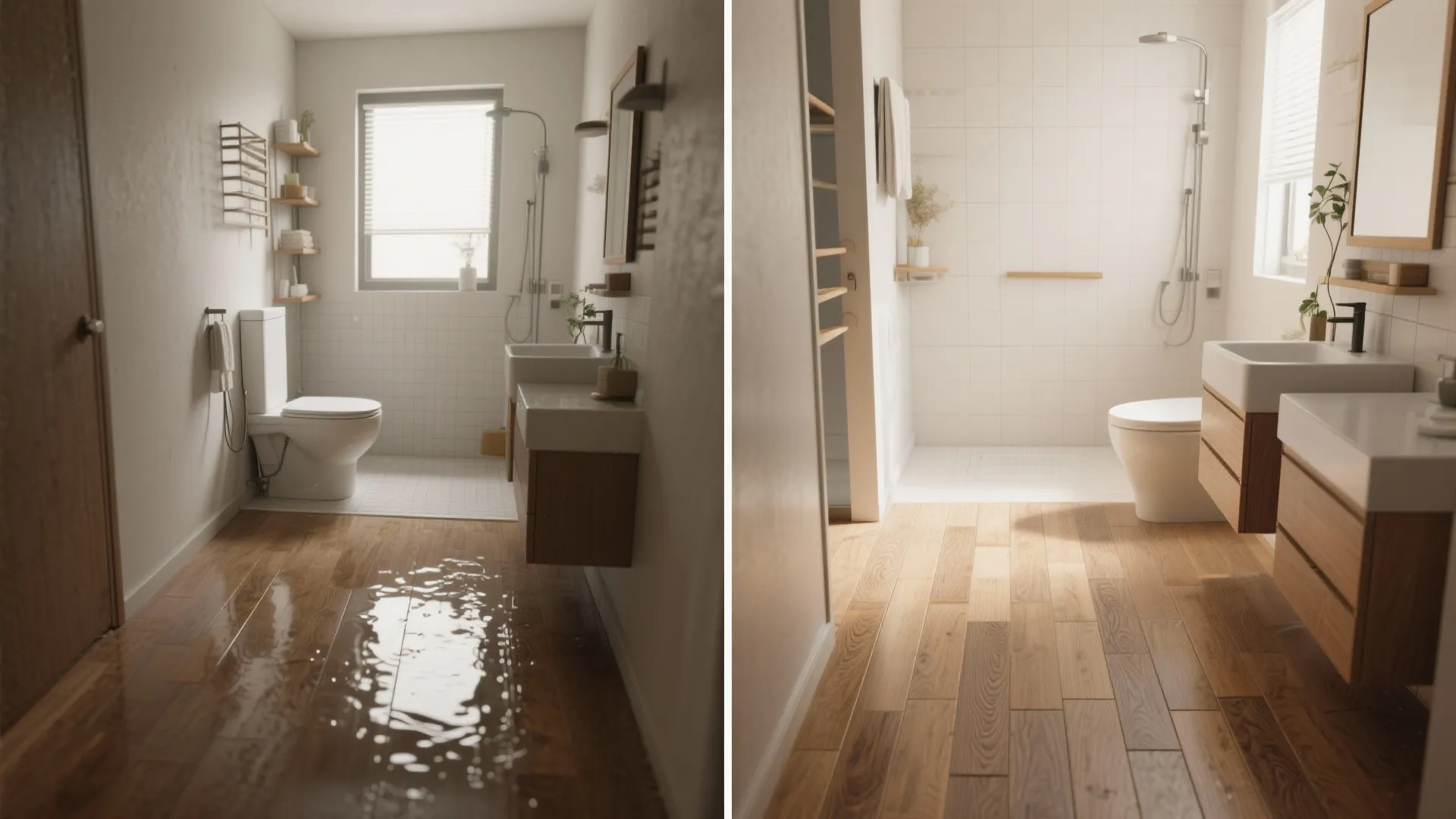 Comparison of wet flooded wooden floor versus dry clean wood floor in a modern bathroom