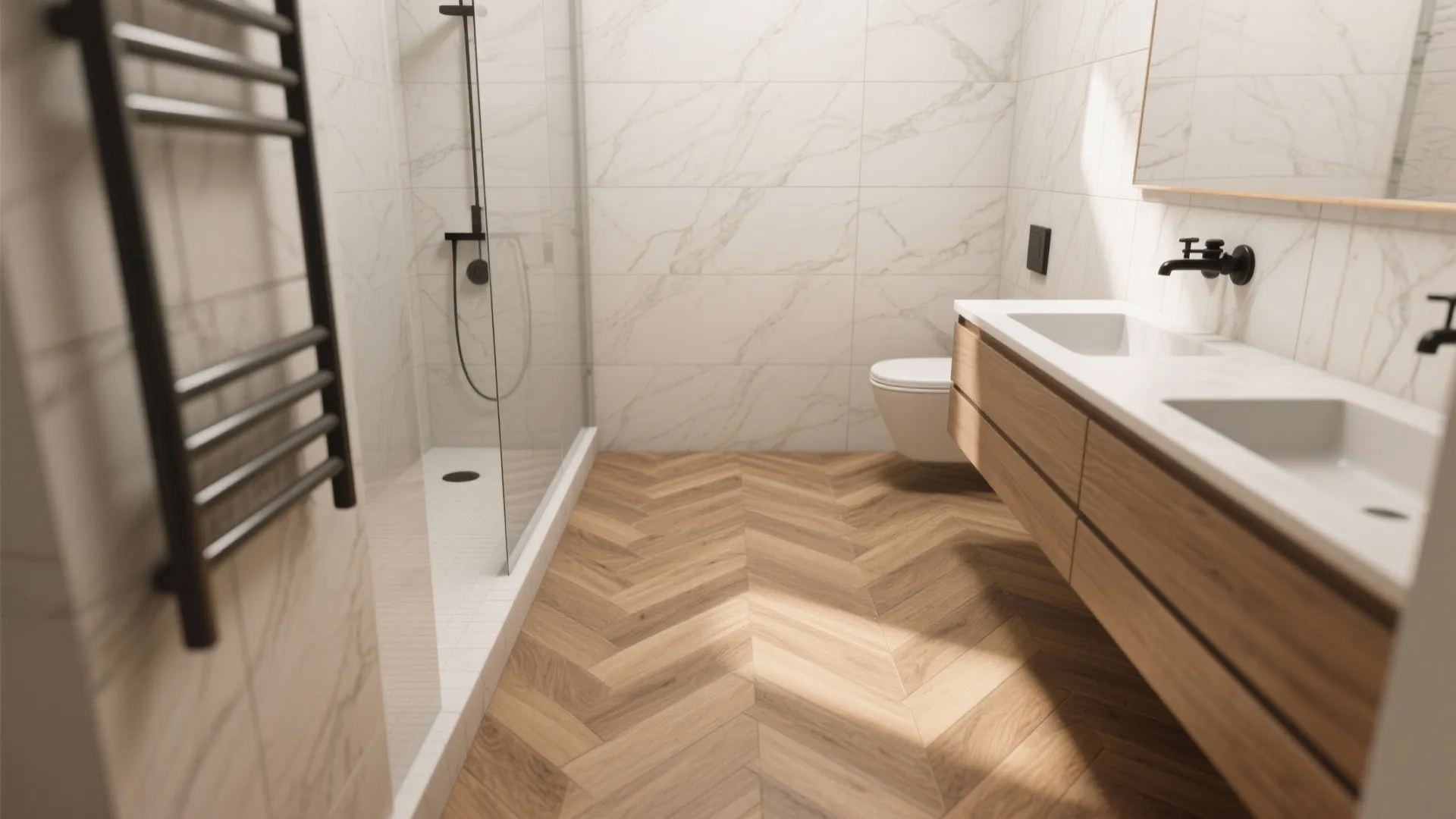 Modern bathroom with white marble walls wooden herringbone floor glass shower stall and double sink cabinet