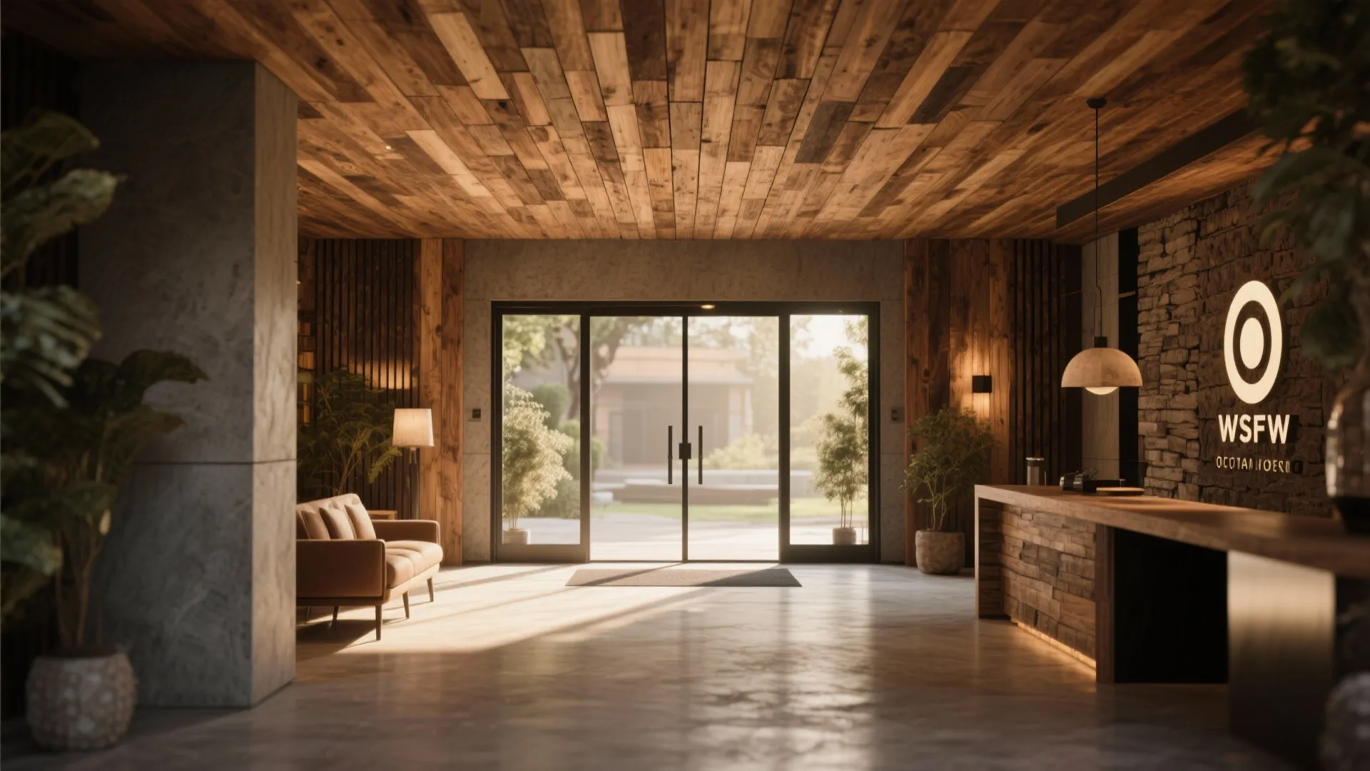 Textured wood plank ceiling warms entrance space