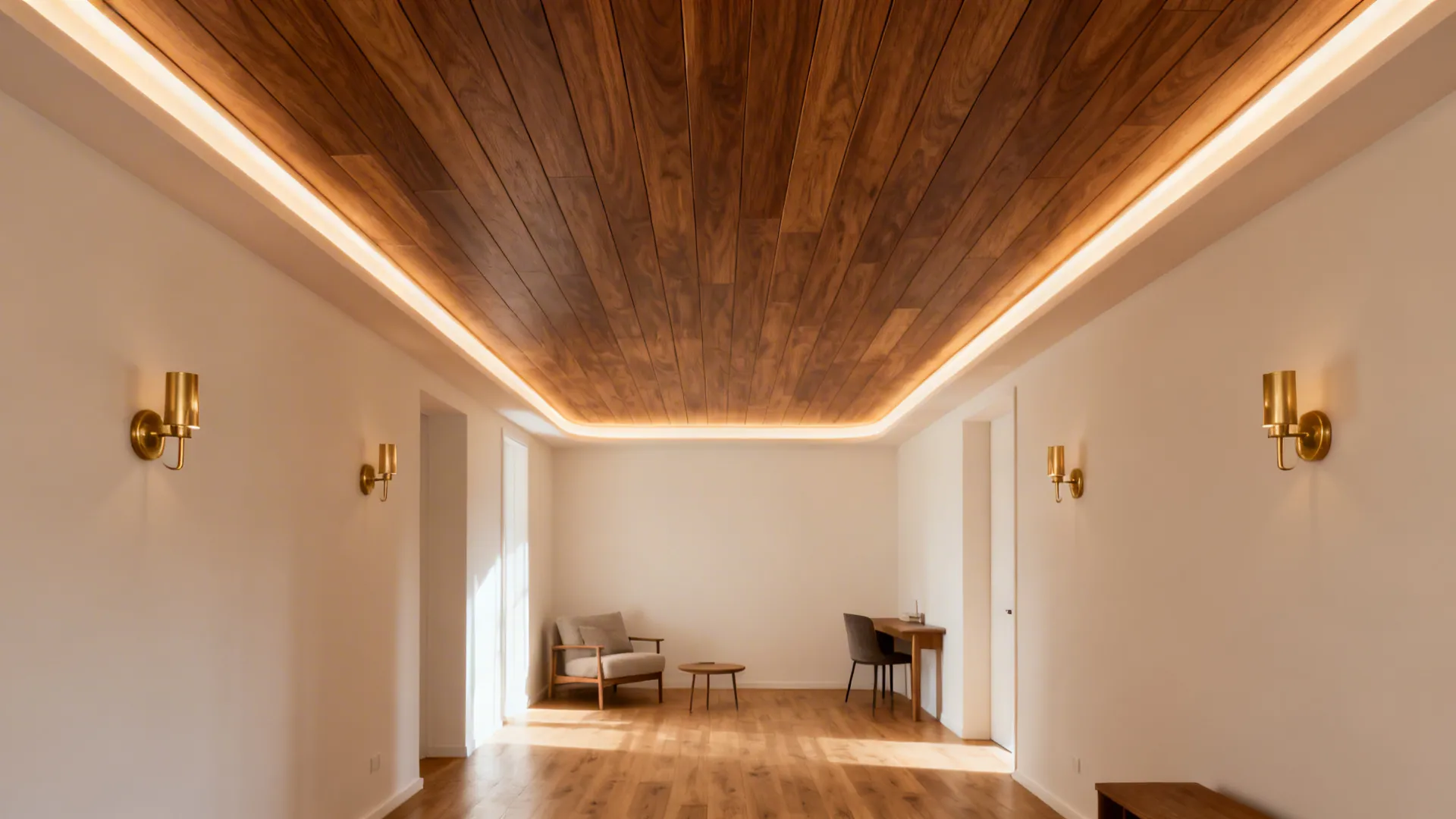 Wood-effect PVC ceiling planks with recessed perimeter cove lighting in a narrow living room.