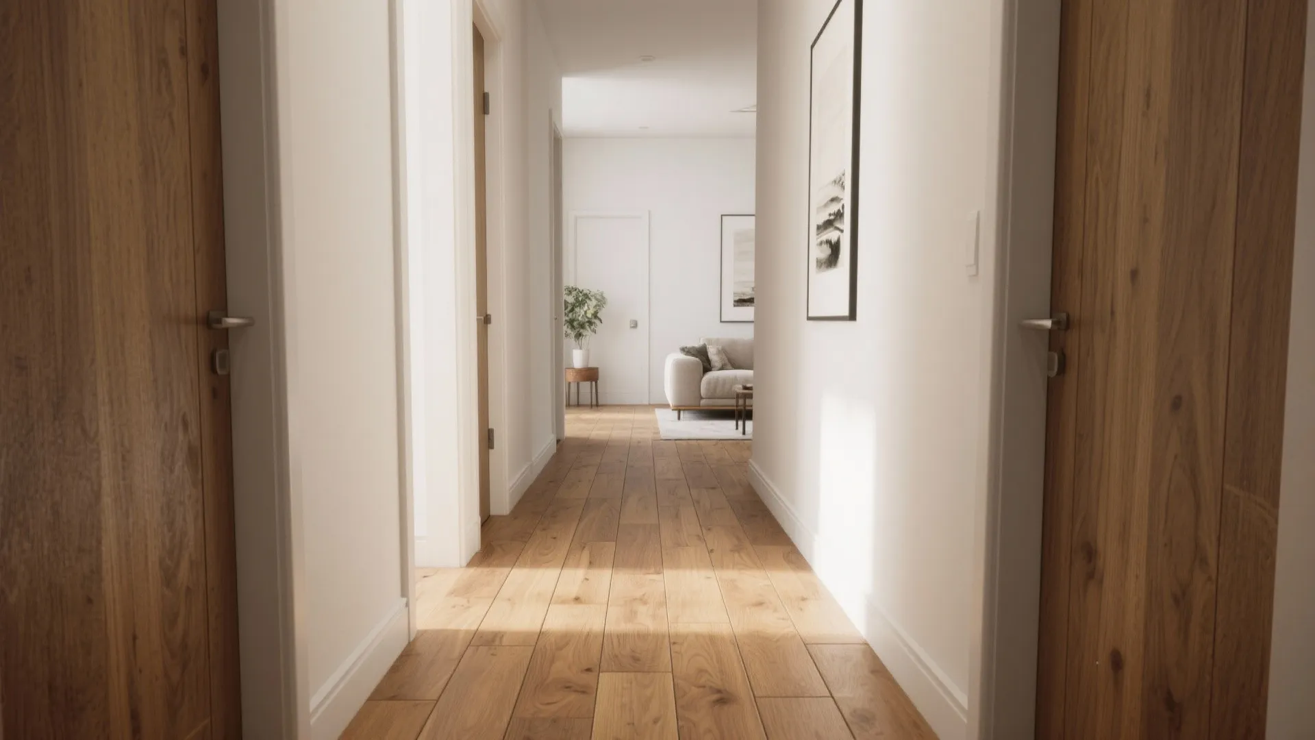 Bright hallway with light wood floors white walls wooden doors leading to a modern sofa