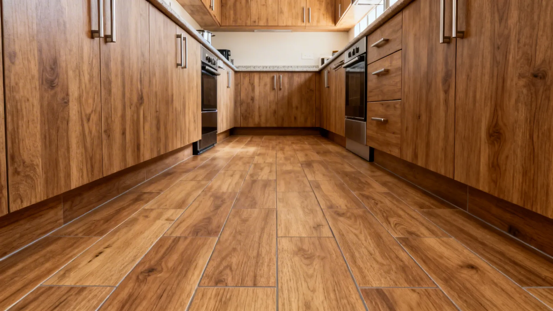 Narrow galley kitchen with brown wood cabinets, matching wood floor tiles, and silver metal door handles