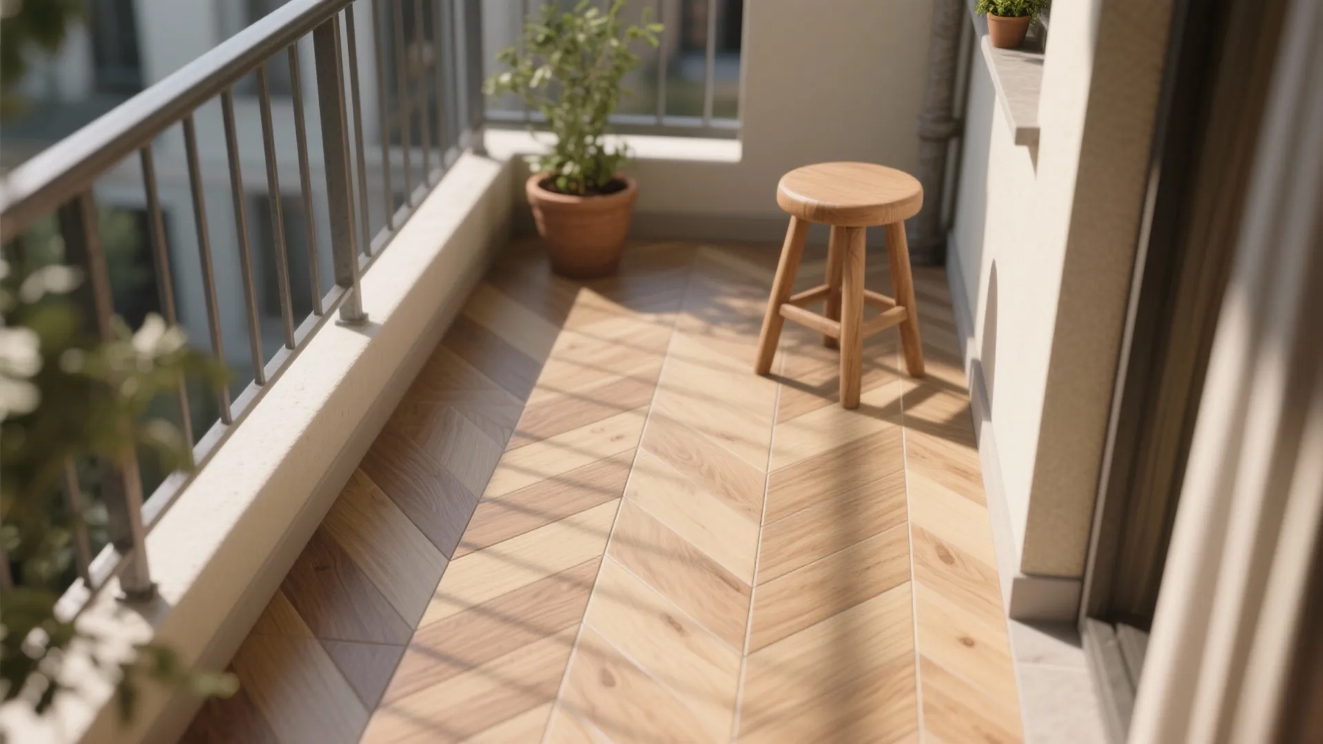 Close-up of herringbone wood-look porcelain planks with soft railing shadows and herb pot.