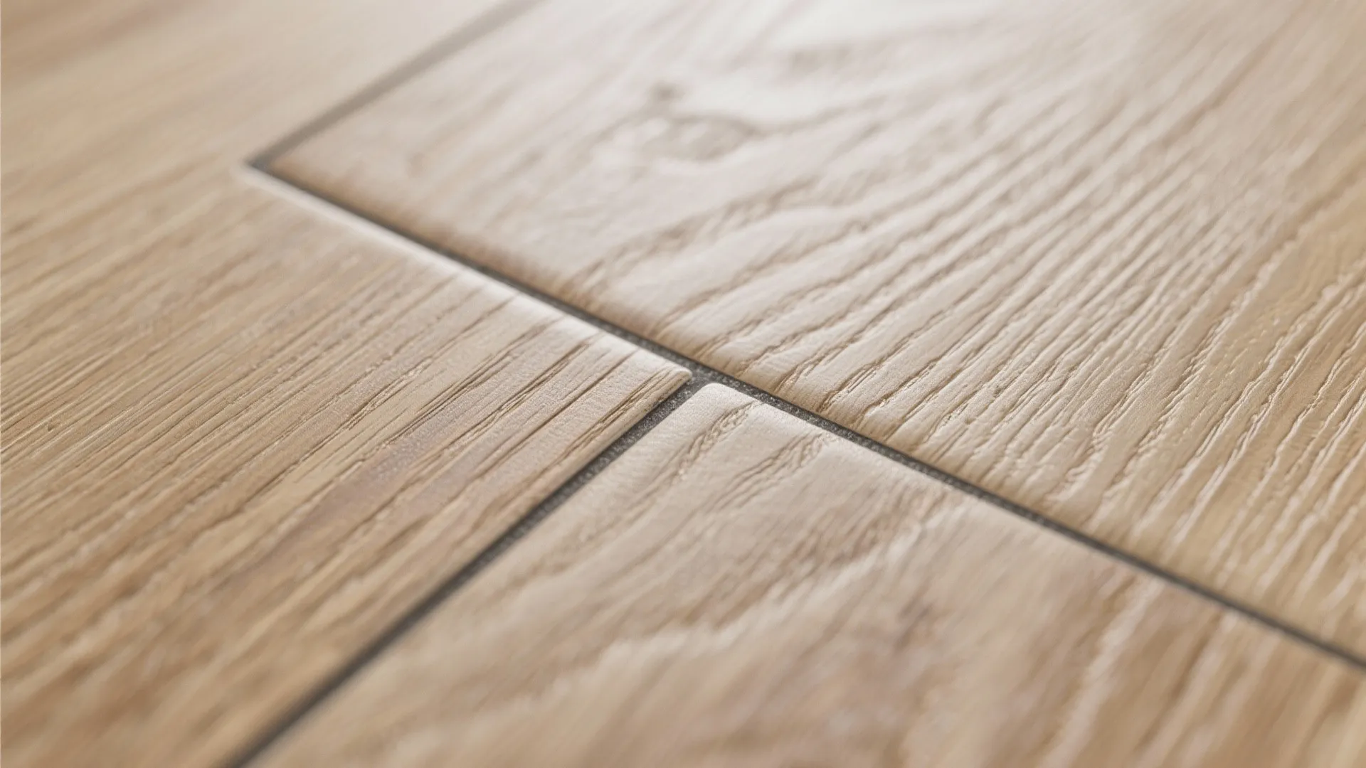Macro of wood-look porcelain plank with realistic oak grain and darker grout joint.