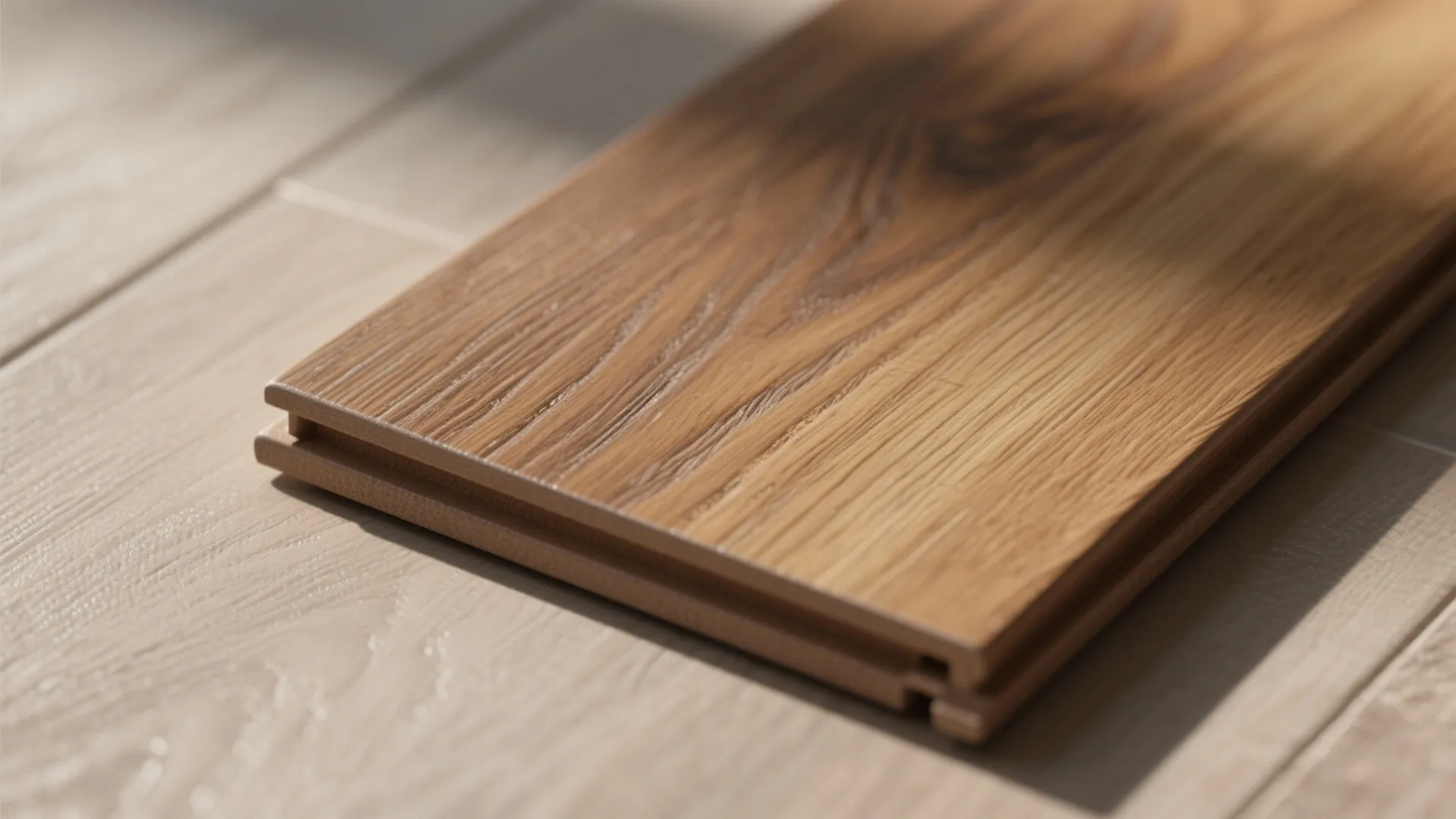 Close up view of a single light brown wood floor plank showing natural grain texture