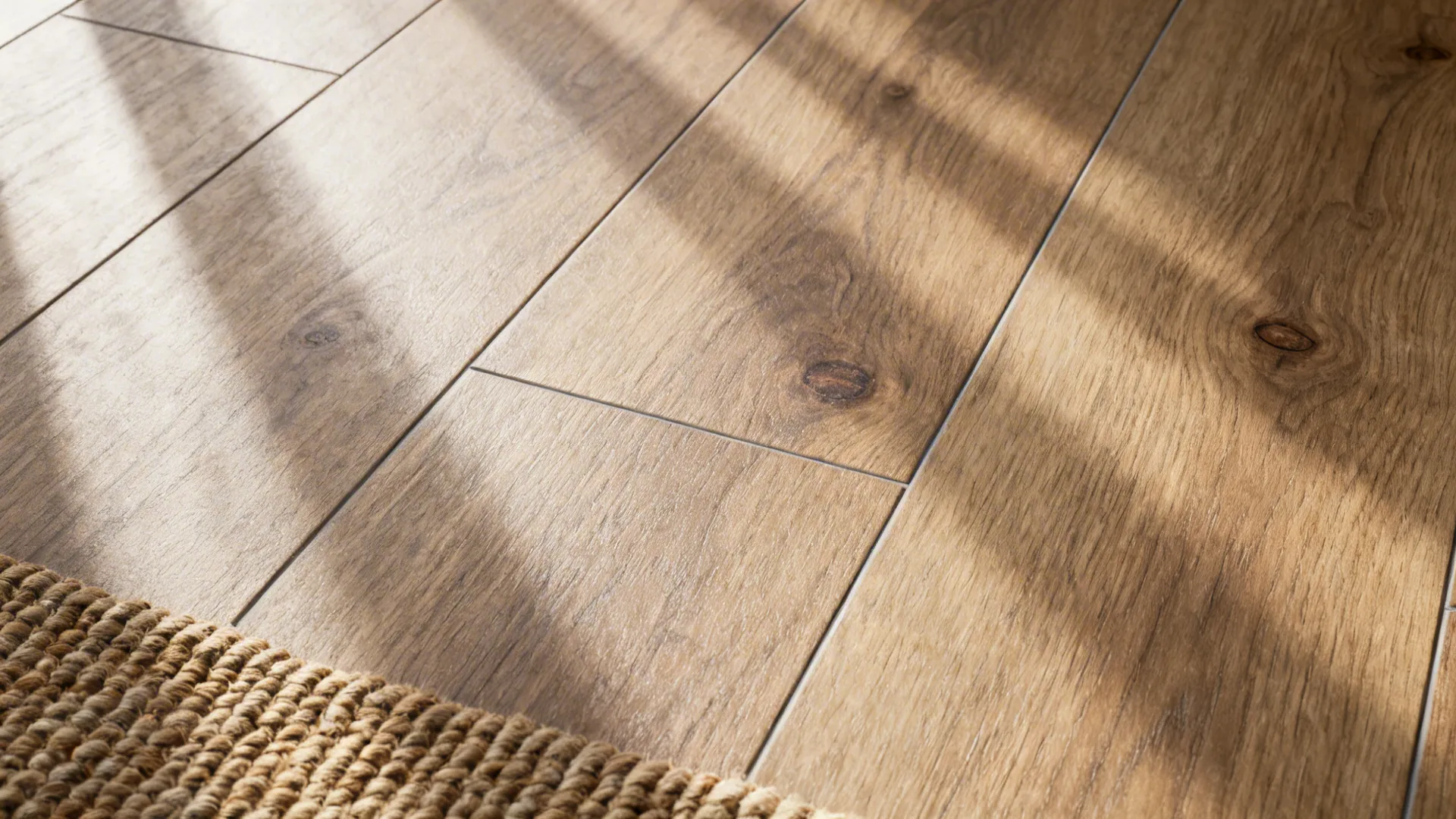Macro of wood-look porcelain plank with subtle oak grain and tight grout lines.