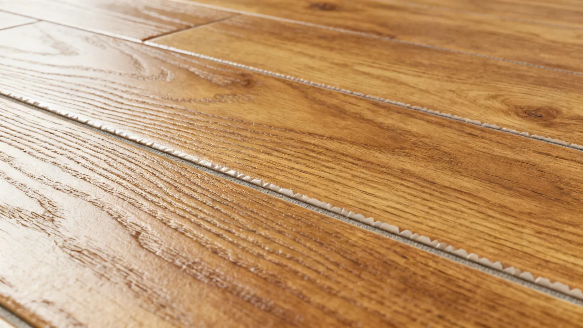 Macro of embossed honey oak porcelain plank with tight grout and realistic grain.