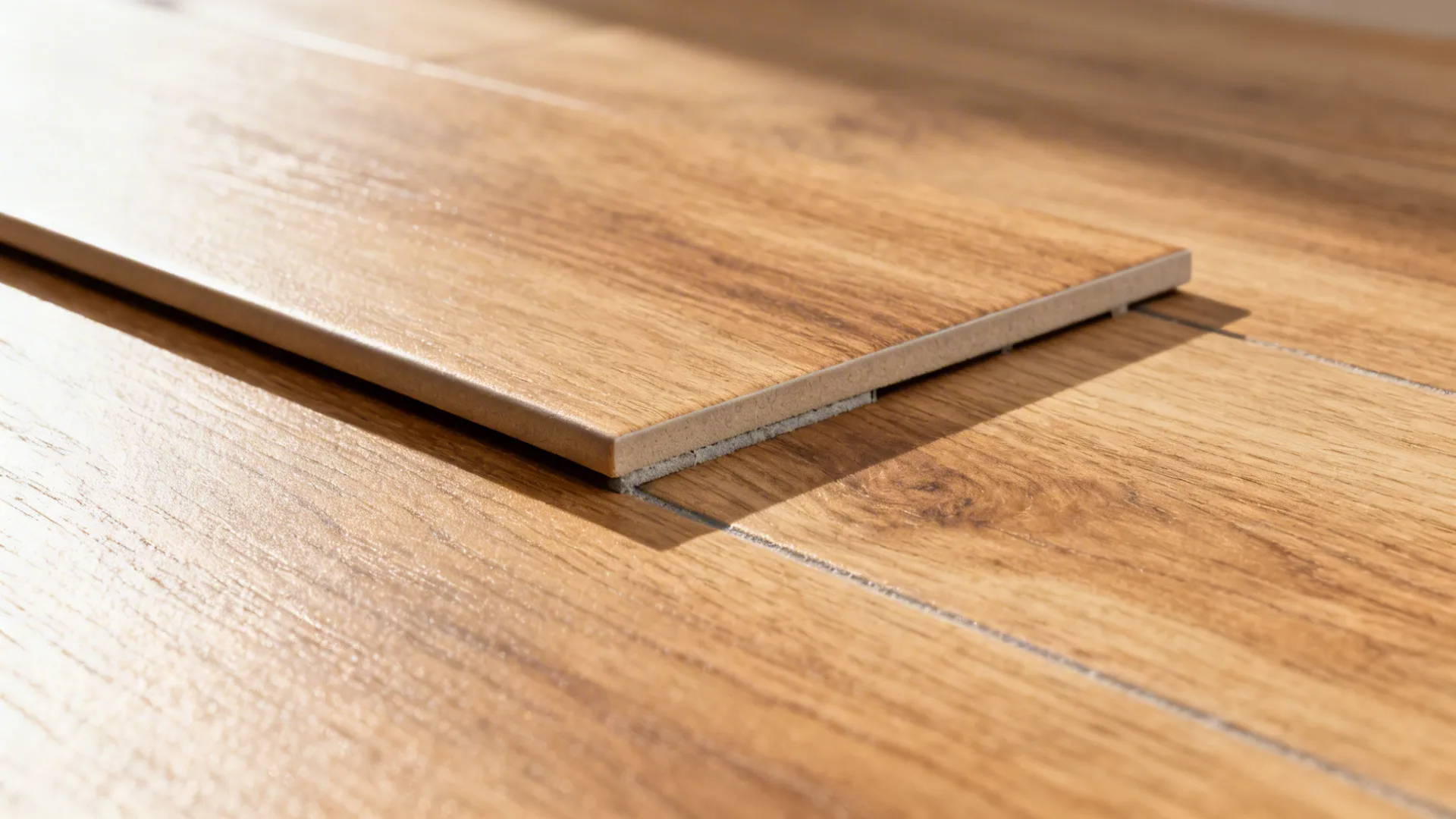 Close up of light brown wood floor planks with natural grain patterns and smooth surface finish