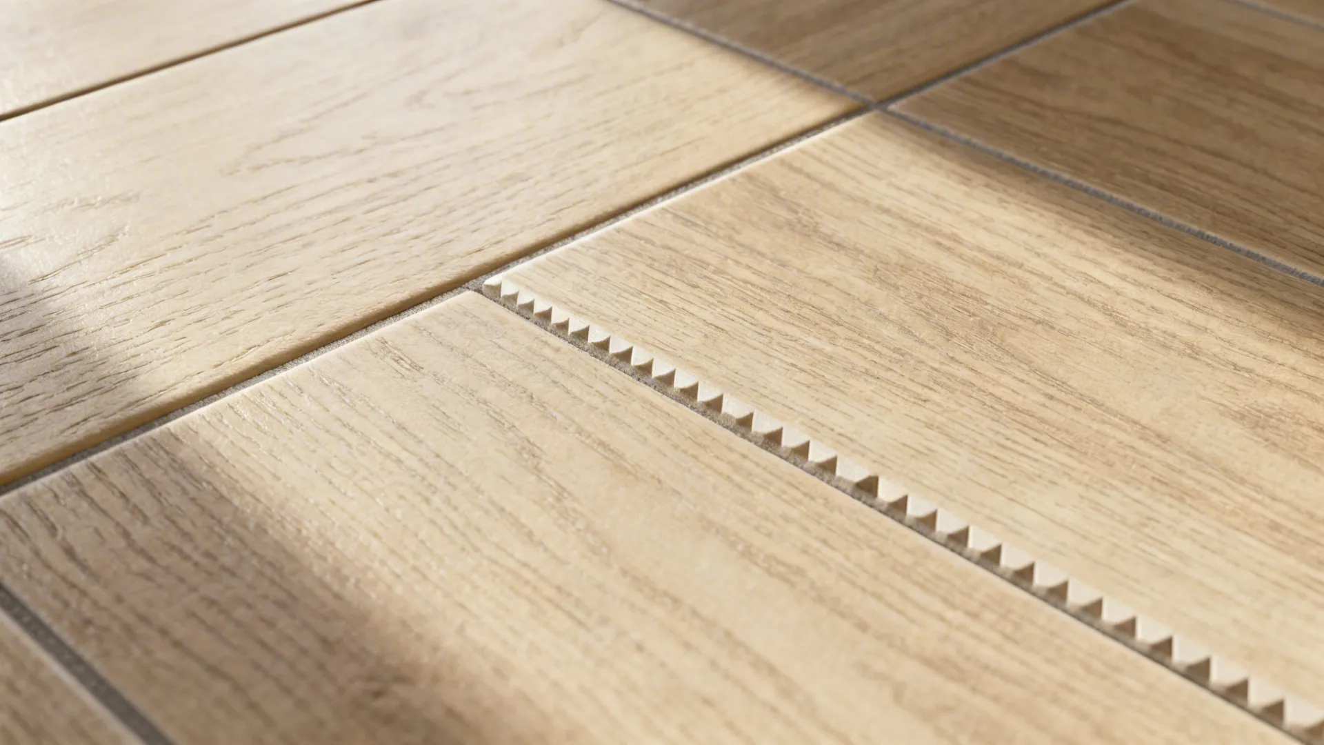 Macro of wood-look porcelain plank with embossed grain and subtle matte finish.