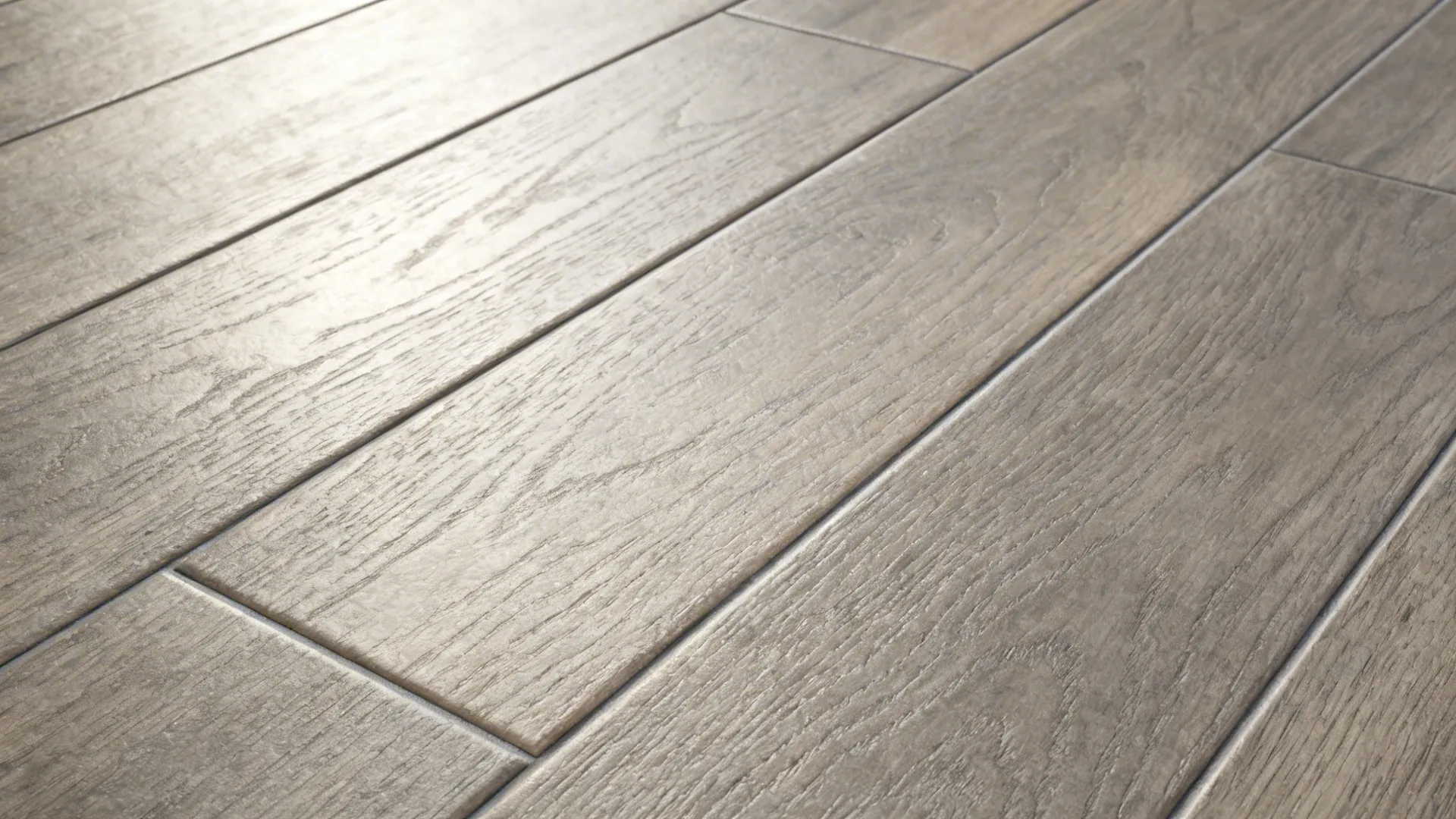 Macro of warm-grey wood-look porcelain plank with subtle emboss and micro-bevel edge.