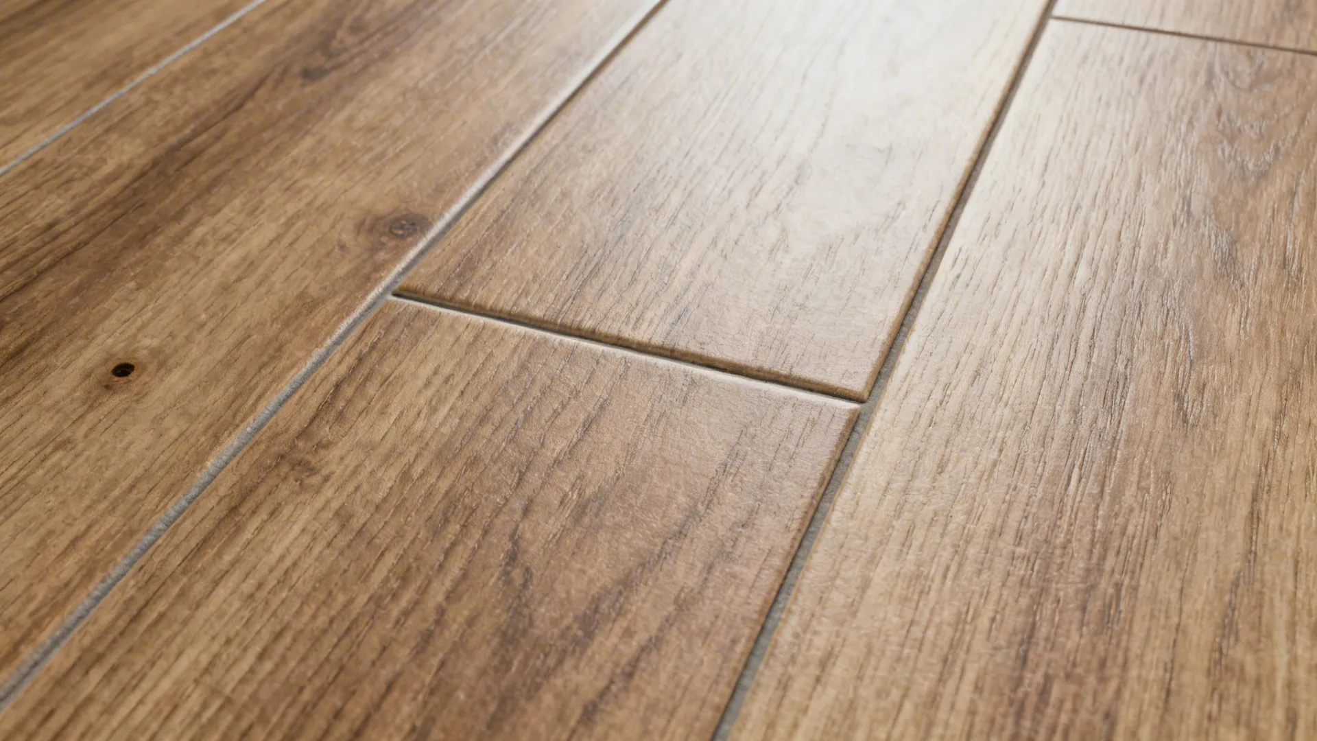 Detailed close up of brown wooden floor planks showing natural grain texture and light reflection