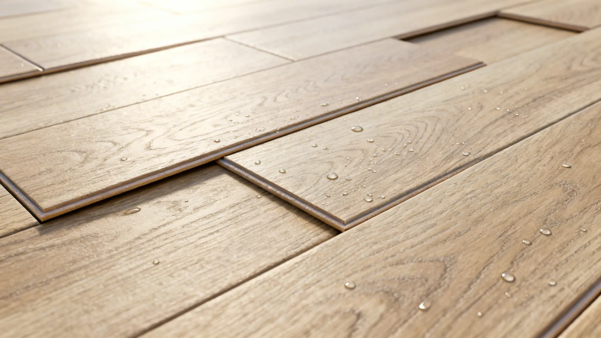 Close-up of staggered wood-look vinyl planks showing texture and sealed seams