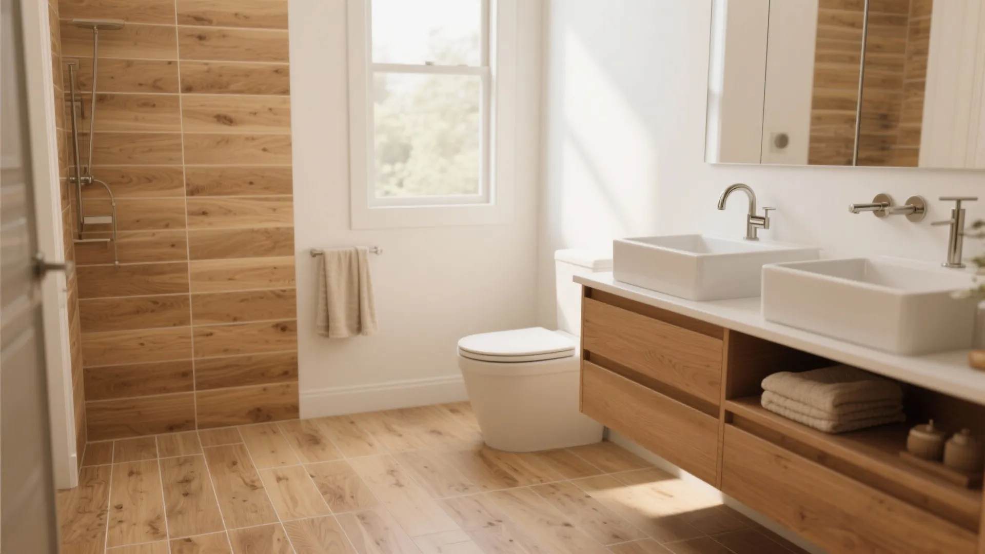 Warm bathroom with wood-look R11 porcelain planks and matched grout for a seamless, grippy floor.