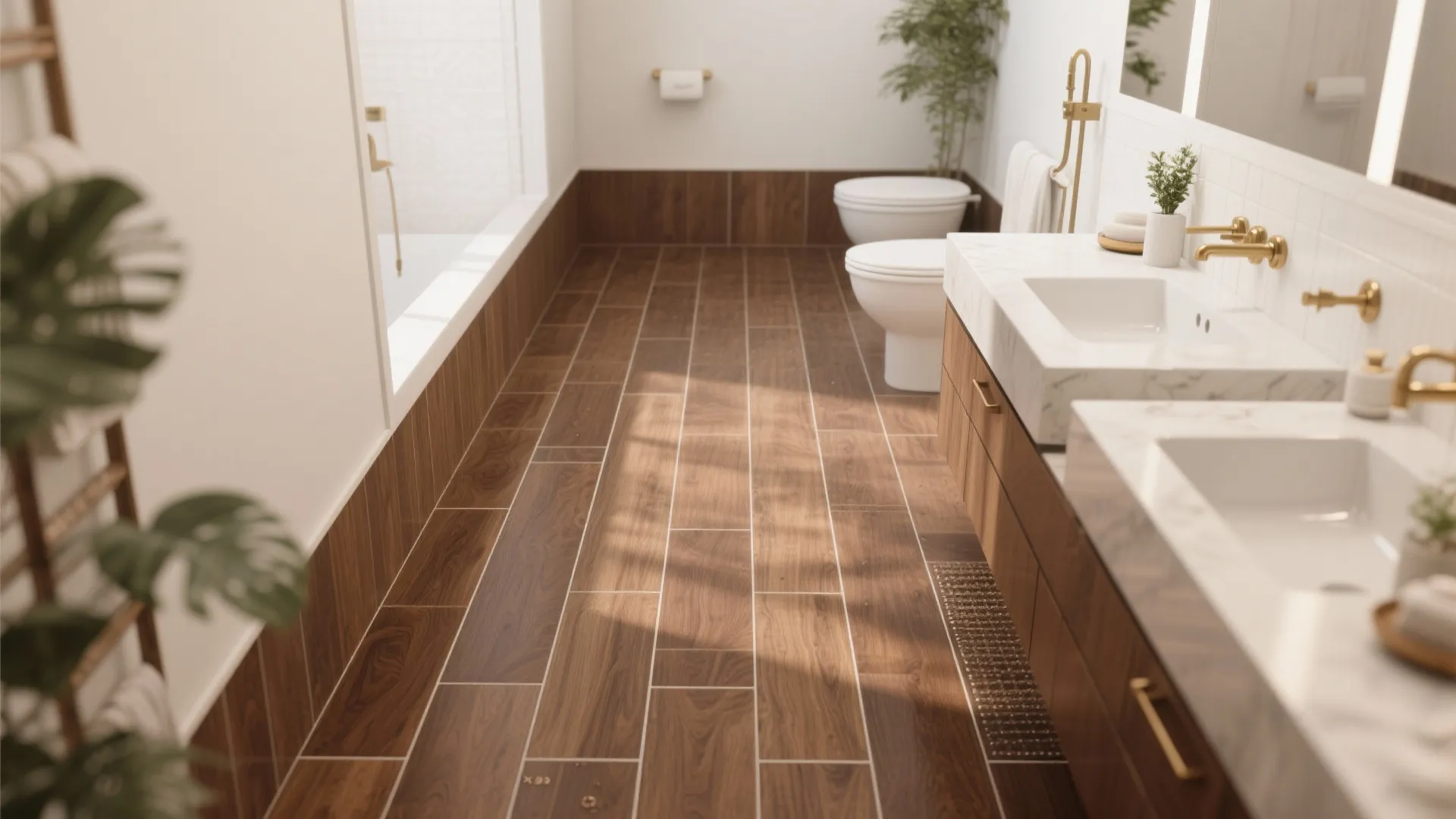 2) Wood-Look Plank Tiles in Walnut or Teak Hues
