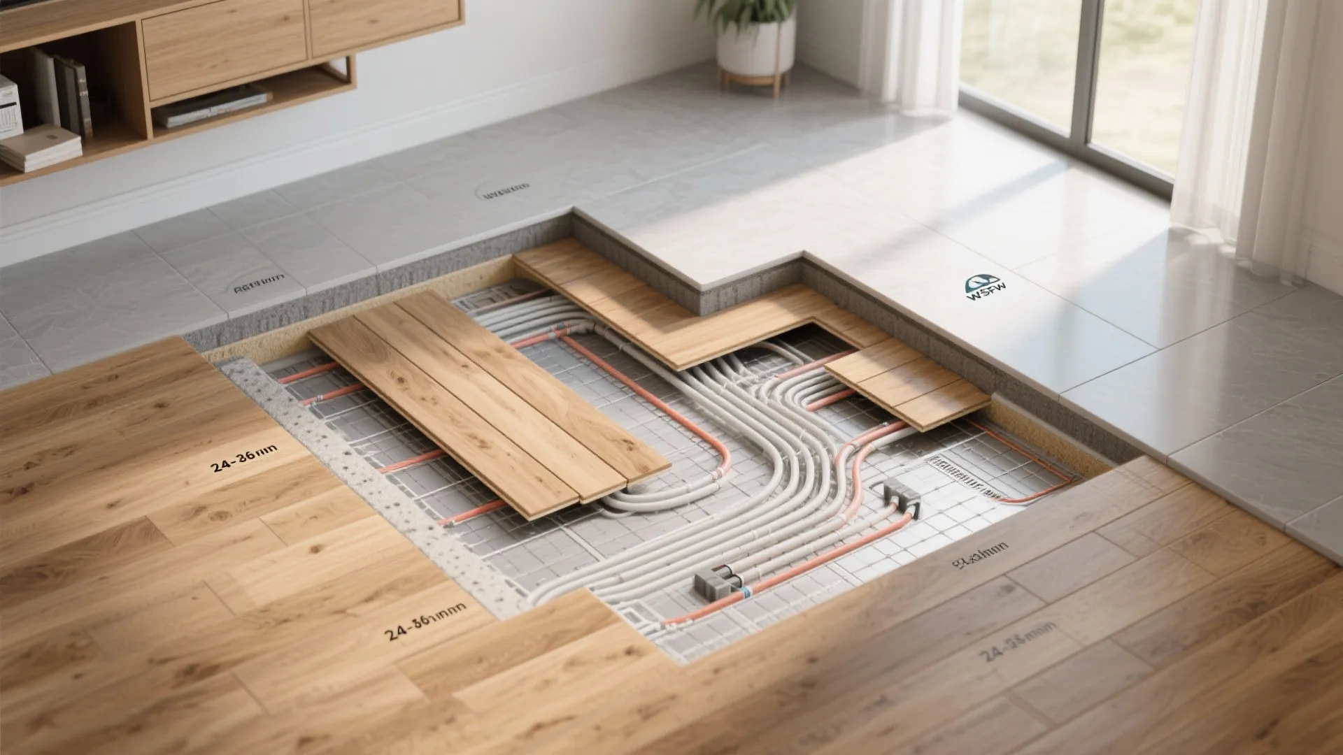 Underfloor heating pipes installed beneath light wood floor planks and grey tiles in modern home