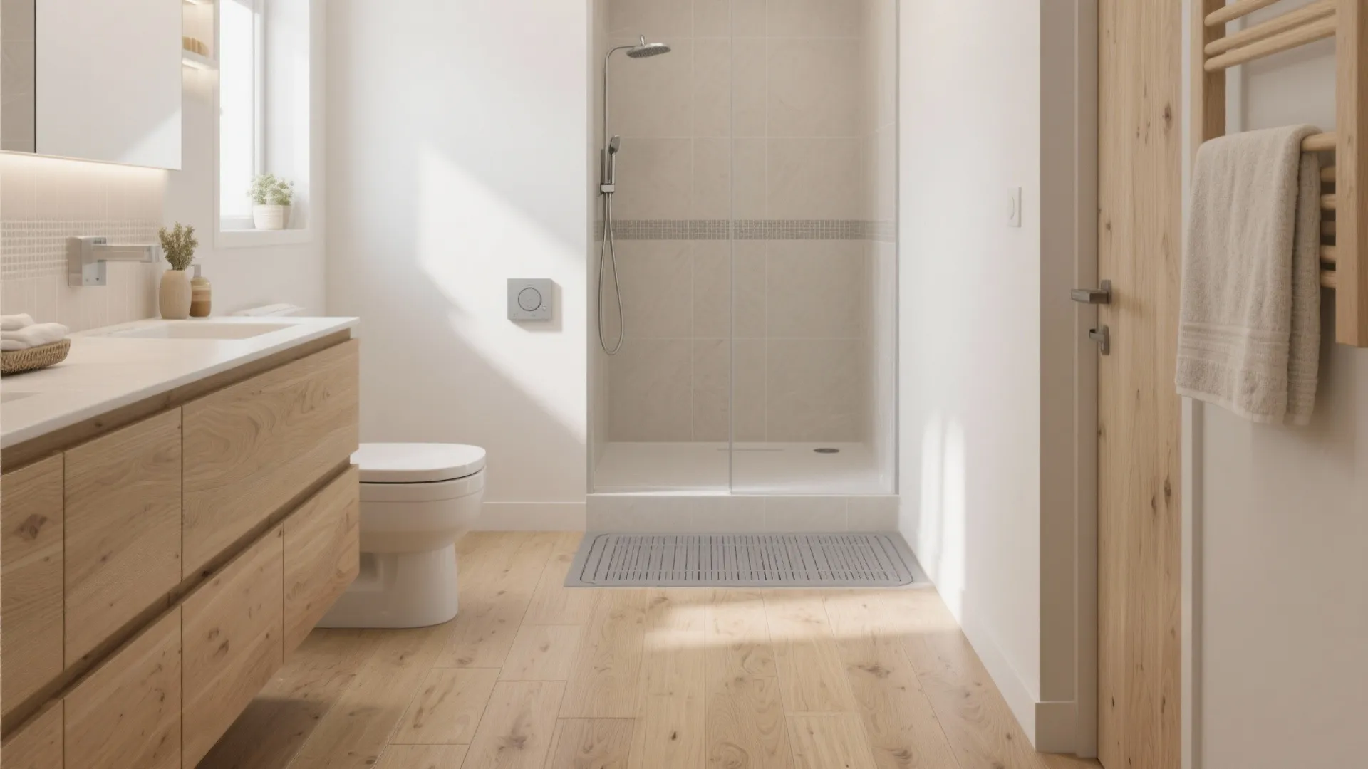 Modern bathroom with light wood flooring white toilet glass shower door and wooden bathroom storage cabinet