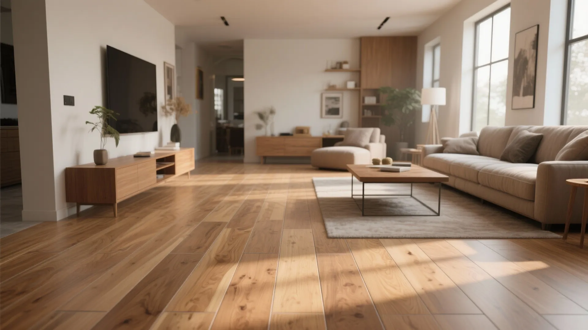 3. Wood-look porcelain planks laid lengthwise to elongate the space
