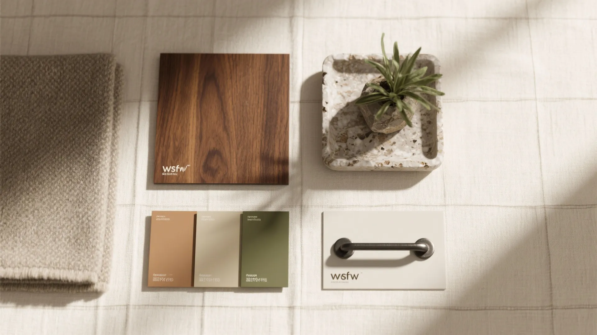 Interior design mood board with wood sample, color swatches, metal handle, and small green plant