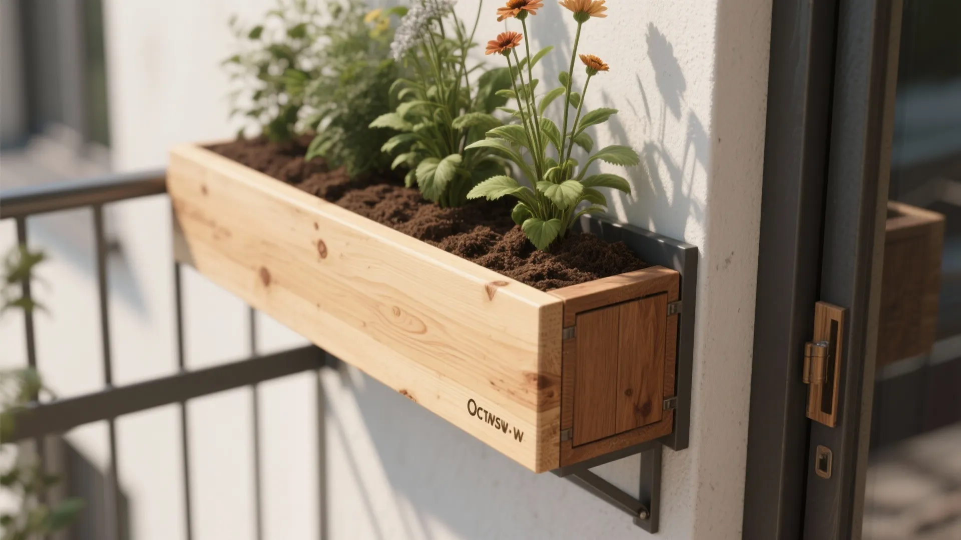 Minimalist wood balcony with planter boxes