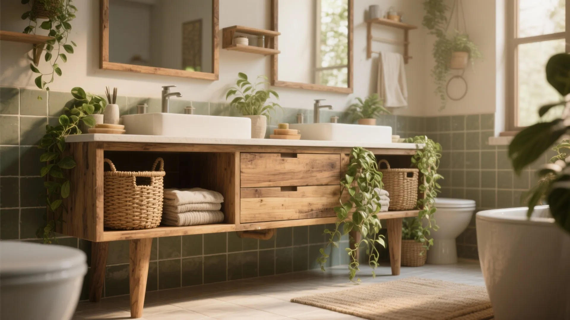 4. Natural wood, woven baskets and plants