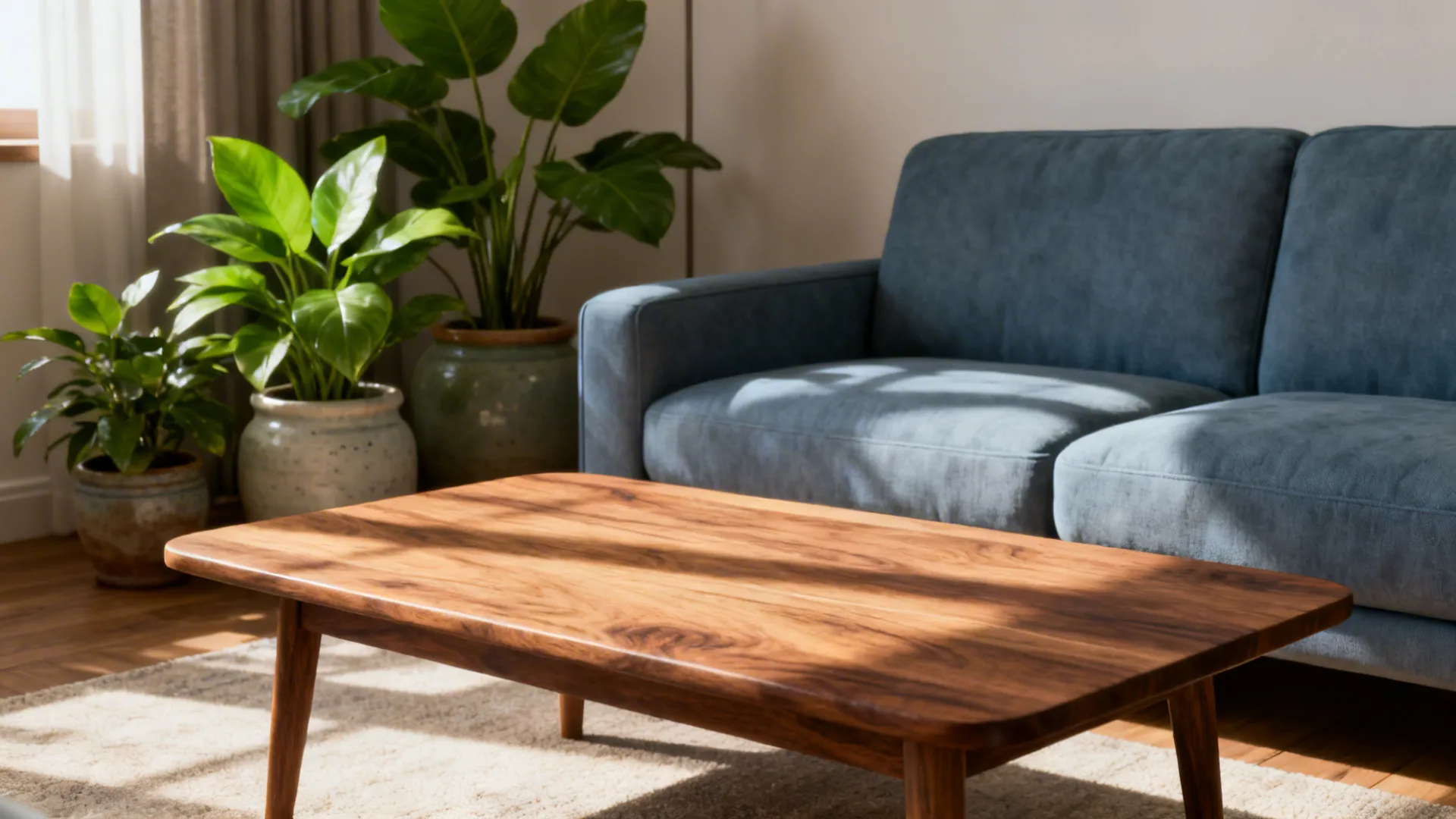 Blue-grey sofa paired with a walnut coffee table and leafy indoor plants