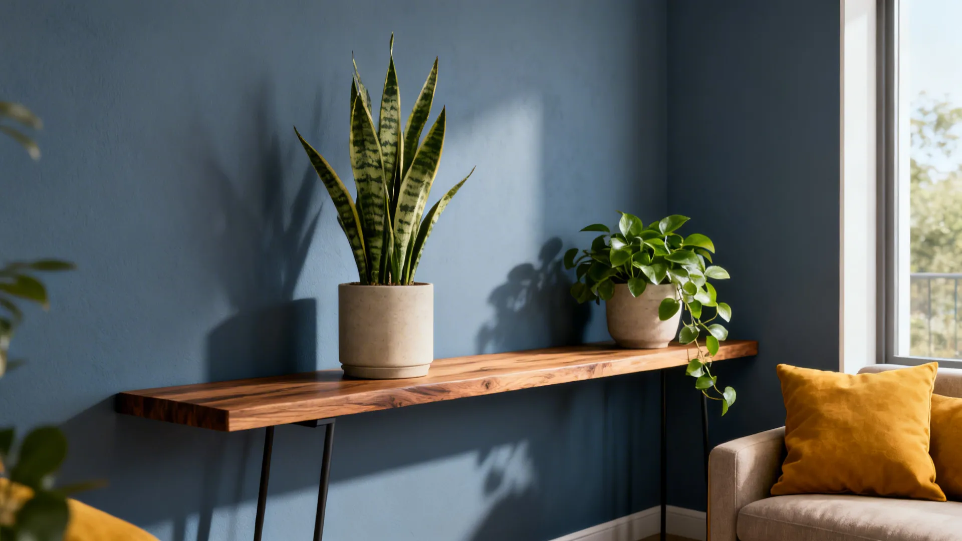 Wooden console and potted plants balancing blue-gray walls and yellow accents