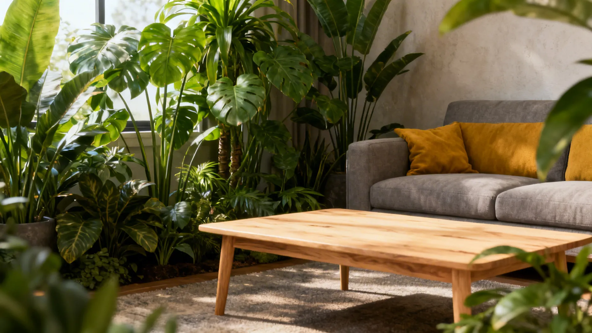 Living room corner with light oak table, tall plants and mustard-grey accents