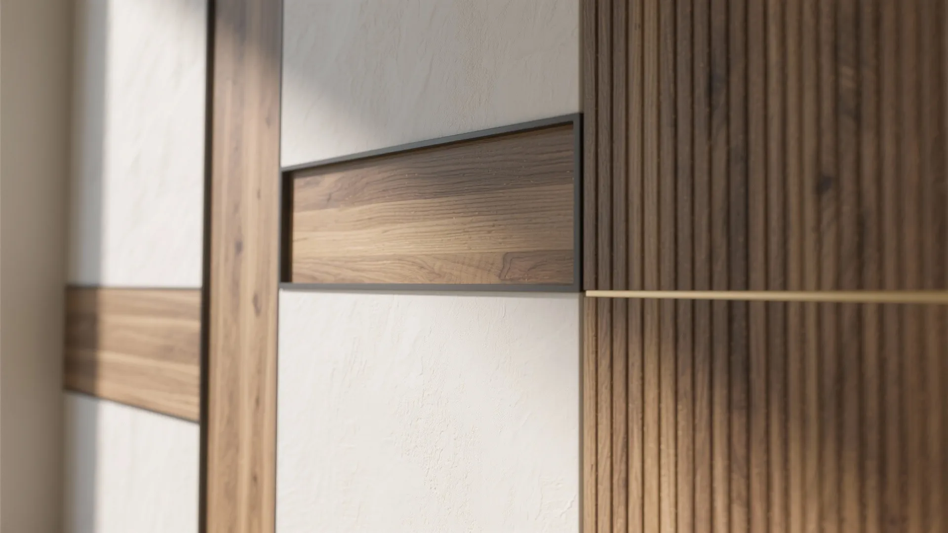 Close up of modern wall panel design featuring vertical wood slats and white plaster texture finish