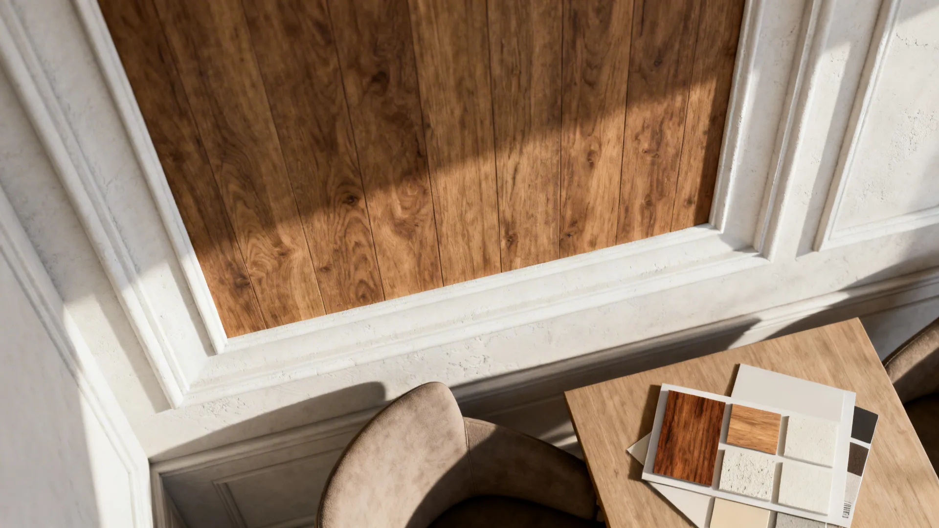 Framed wood-clad ceiling panel with white plaster border and finish samples