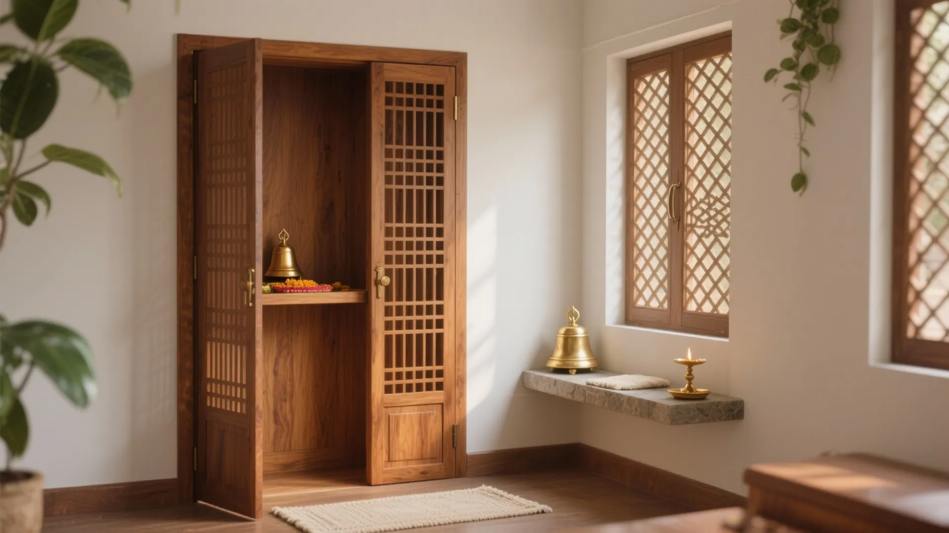 Interior room featuring a wooden cabinet with lattice doors gold bell and shelf with candle light