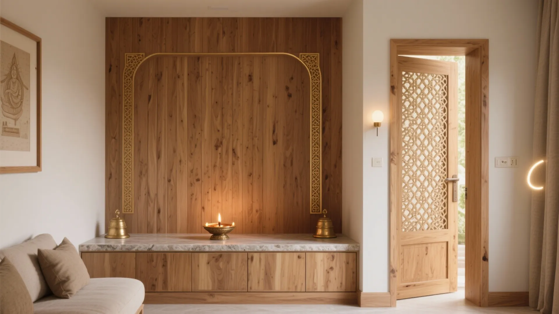 Modern prayer room featuring wood wall paneling marble top cabinet gold arch and patterned door