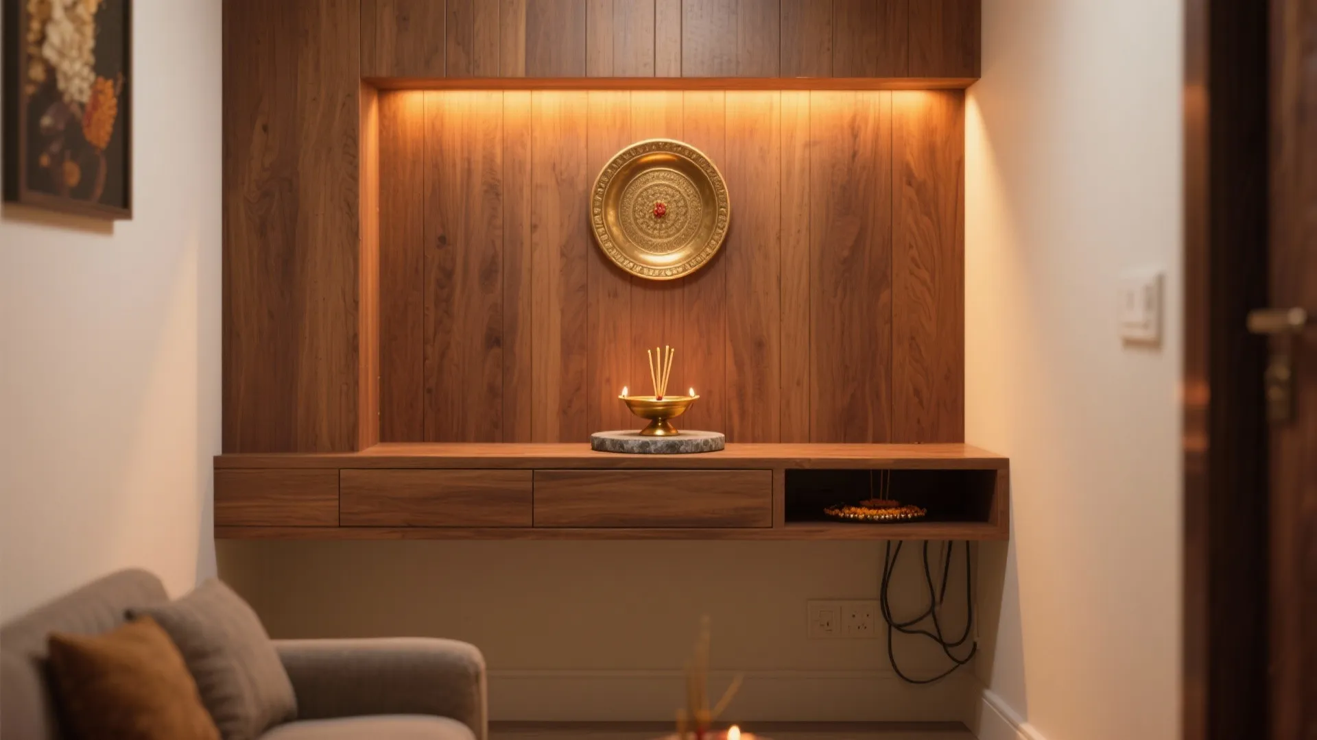 Modern wood wall panel with built-in cabinet and decorative gold plate under a warm light